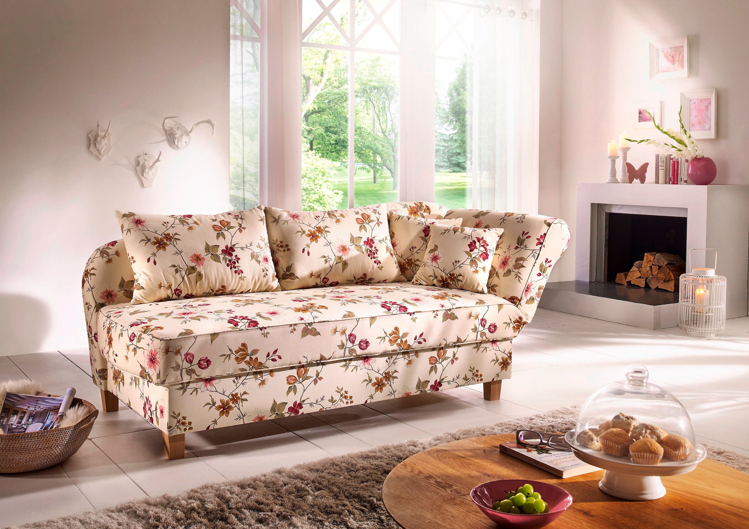 Max Winzer® Recamiere »Saturn mit verstellbarer Armlehne für hohen Sitz- und Relaxkomfort«, Armlehne links oder rechts, mit Blumenmuster, inkusive 4 Kissen