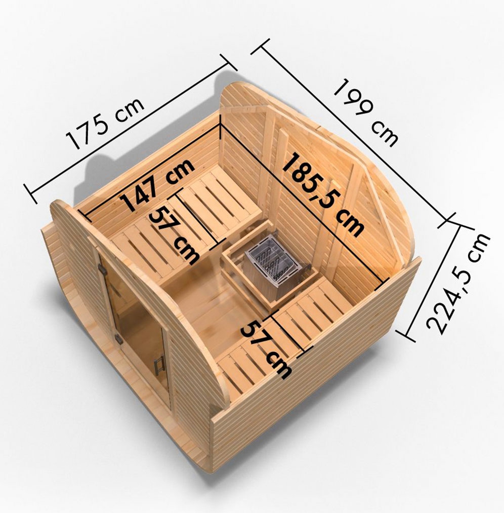 Karibu Fasssauna »Franzi asymmetrisch« Set, integrierter 9 KW Ofen,  Ofen 9 kW integr. Strg