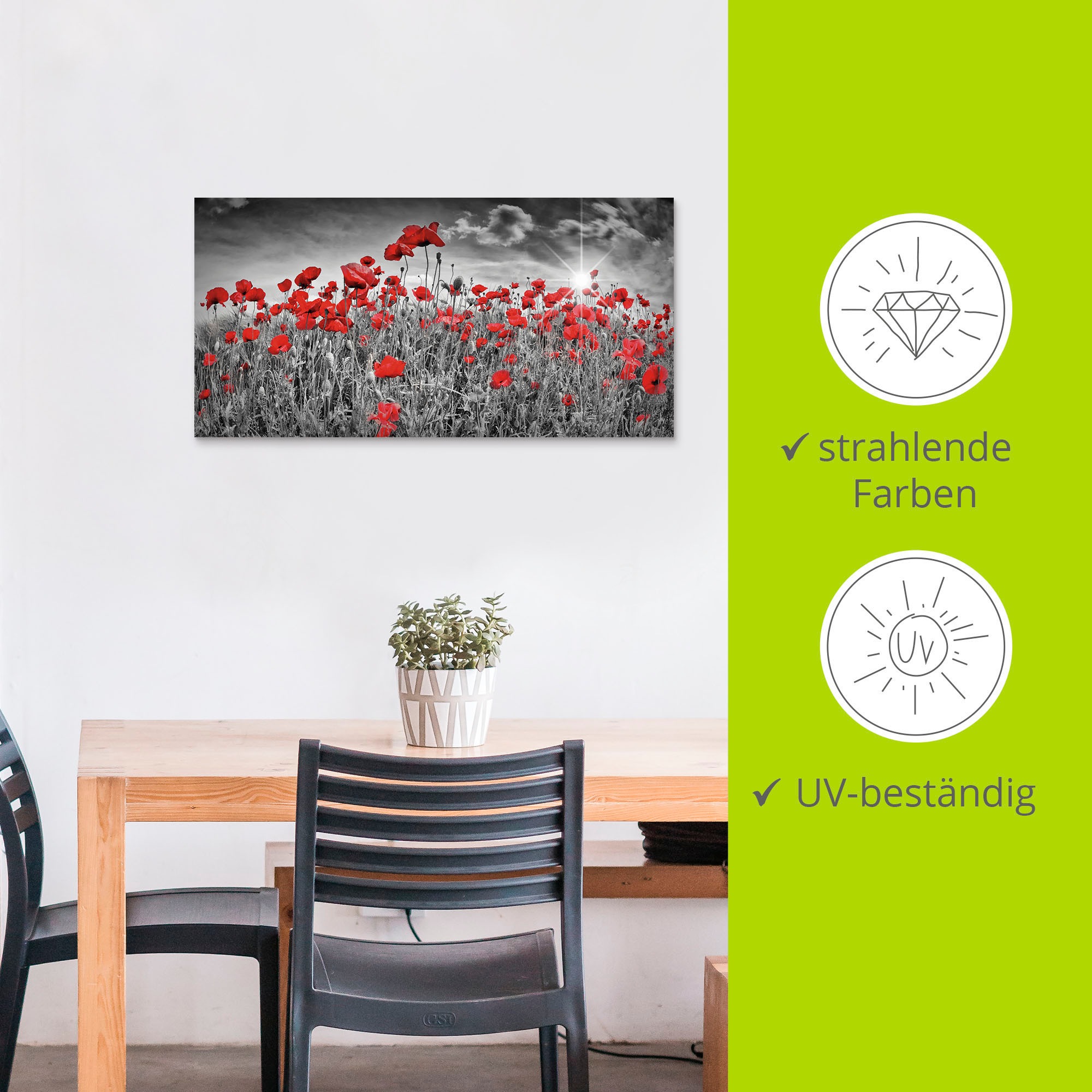 Artland Wandbild »Idyllisches Mohnblumenfeld mit Sonne«, Blumen, (1 St.), als Alubild, Outdoorbild, Leinwandbild, Poster, Wandaufkleber