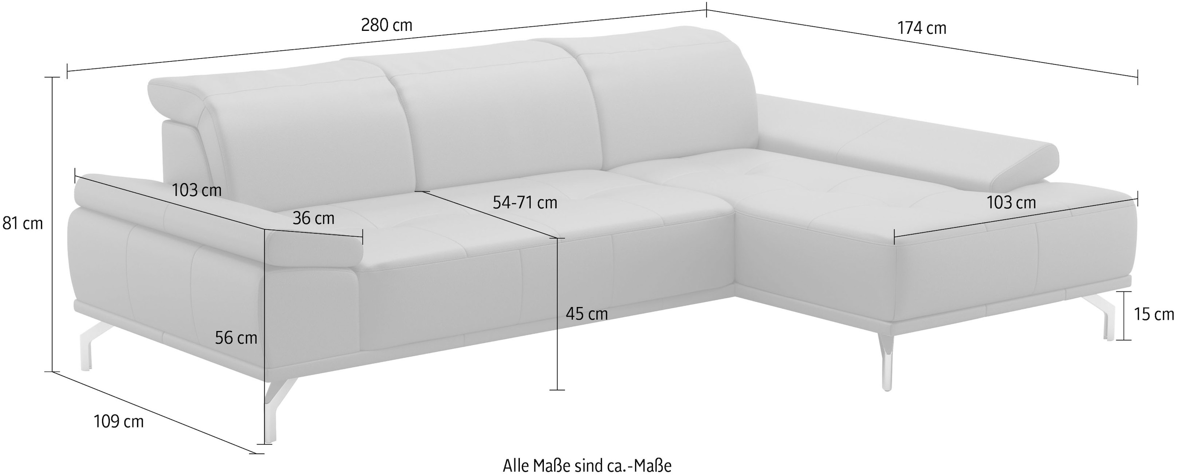 Places of Style Ecksofa »Caluna«, Inkl.Sitztiefenverstellung, wahlweise mit Kopf- und Armteilverstellung