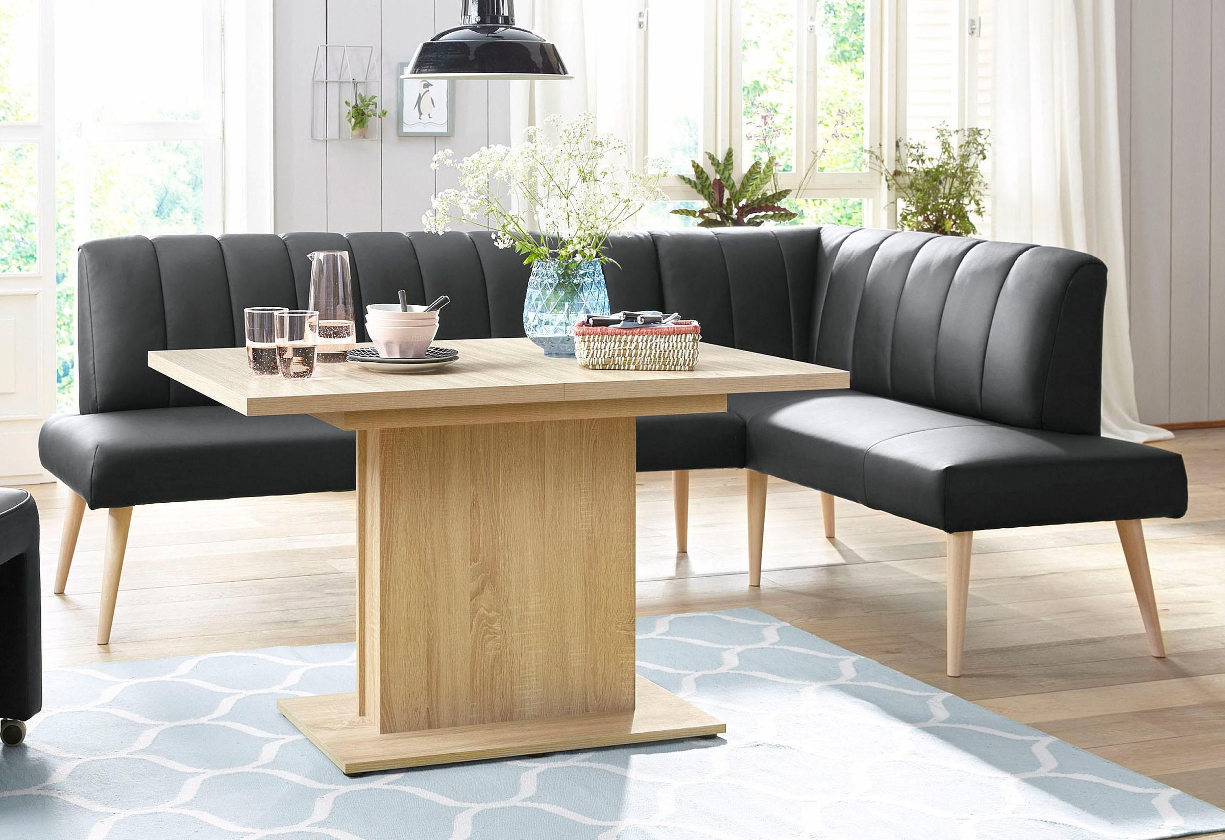 exxpo - sofa fashion Eckbank »Costa, moderne Rückensteppung, bequem und elegant, hoher Holzfuß«, hochwertig verarbeitet, Frei im Raum stellbar