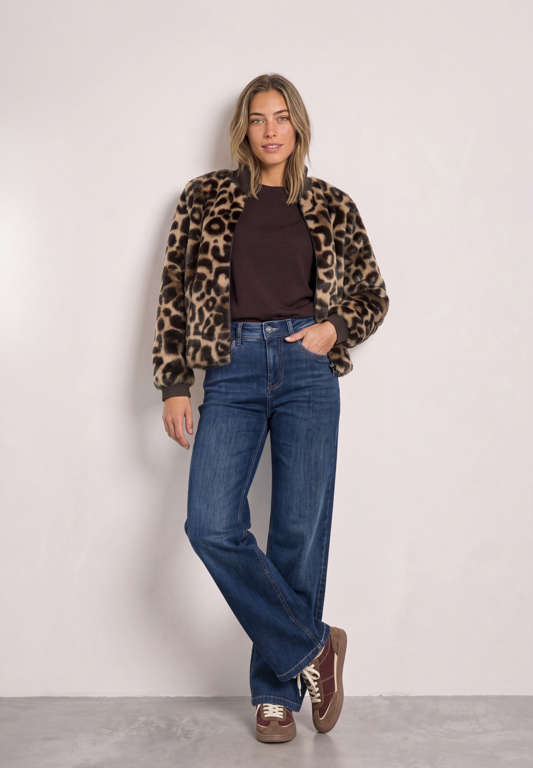 STREET ONE Blouson ohne Kapuze Fake Fur Blouson mit Strickdetails und Leo-Optik