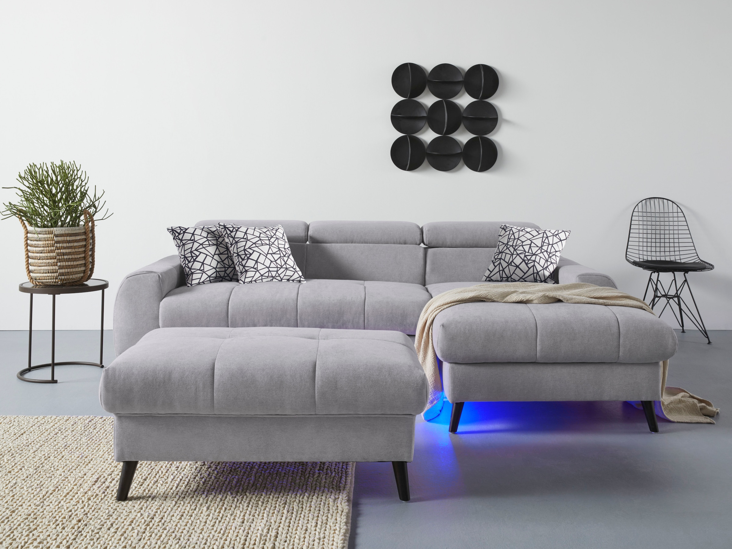 COTTA Ecksofa »Mia L-Form mit 3 Zierkissen«, wahlweise mit Bettfunktion, Bettkasten, Beleuchtung & Wireless-Charger