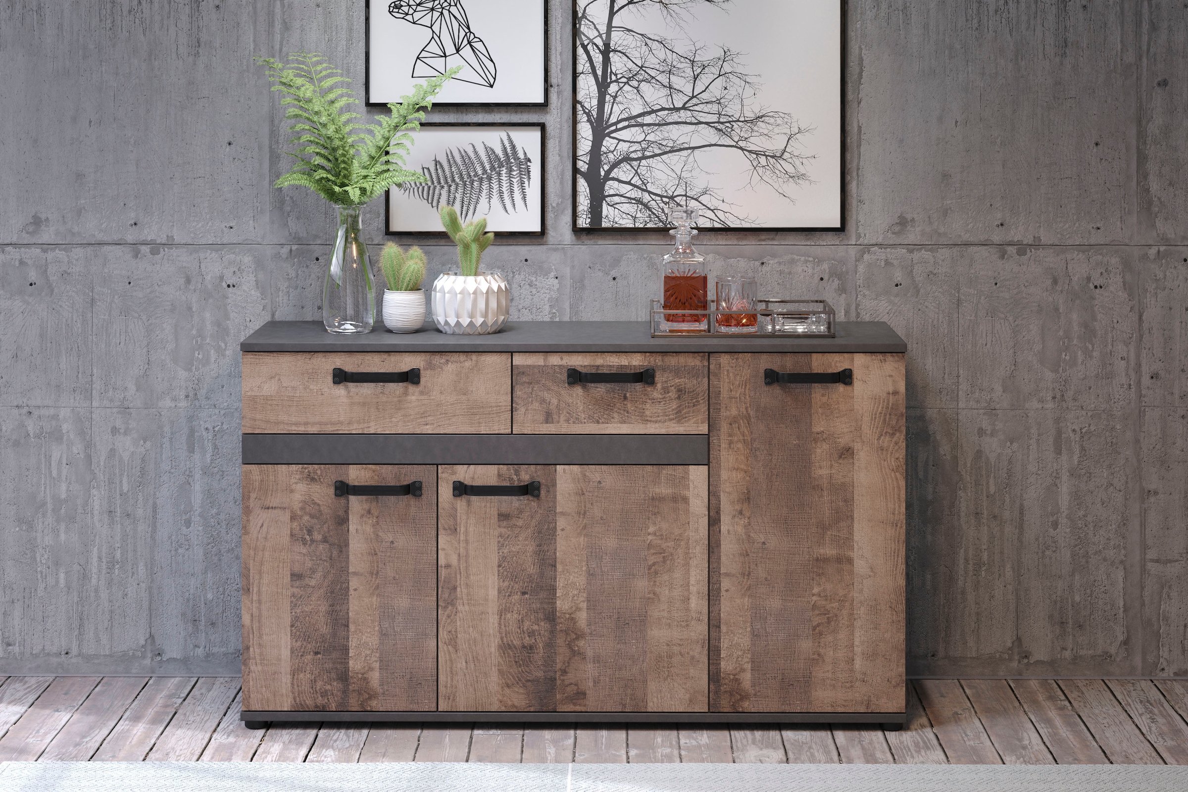 trendteam Sideboard »Stripe«, Rustikale Kommode mit 2 Schubladen und 7 Fächern - 142/41/83 cm