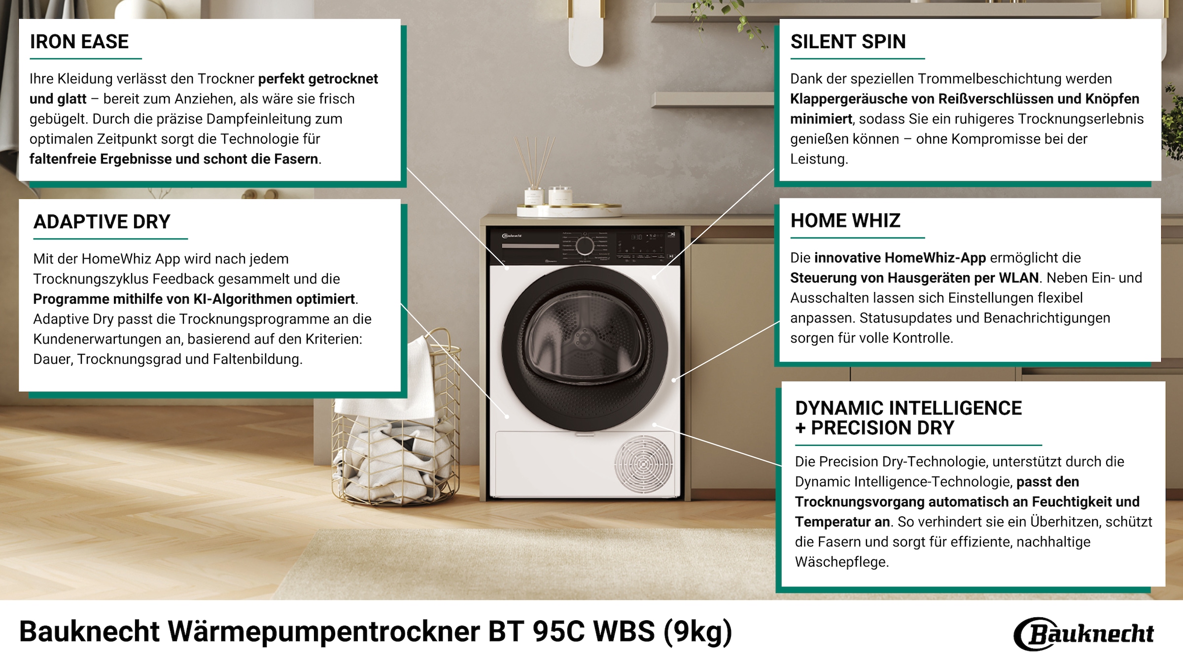 BAUKNECHT Wärmepumpentrockner »BT 95C WBS«, IronEase - Bügelfrei auf Knopfdruck, Silent Spin - leises Trocknen