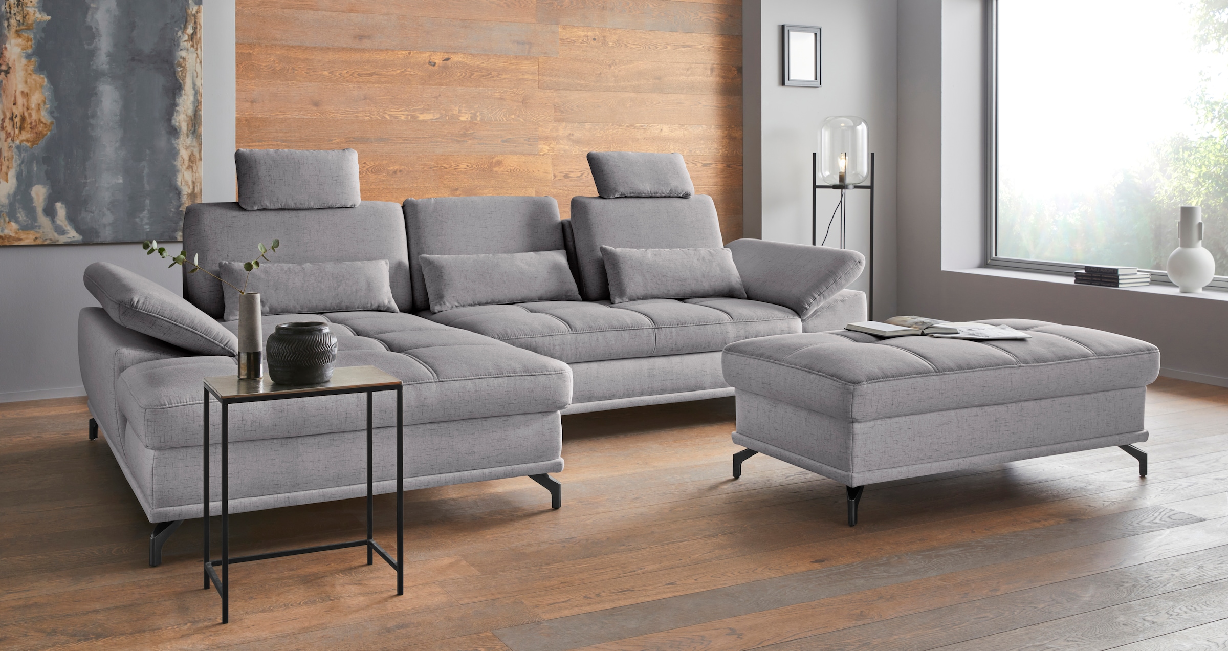 PLACES OF STYLE Ecksofa »Costello L-Form, B: 301 cm mit Sitztiefen-, Armteilverstellung &« 3 Nierenkissen, optional Bettfunktion & Bettkasten