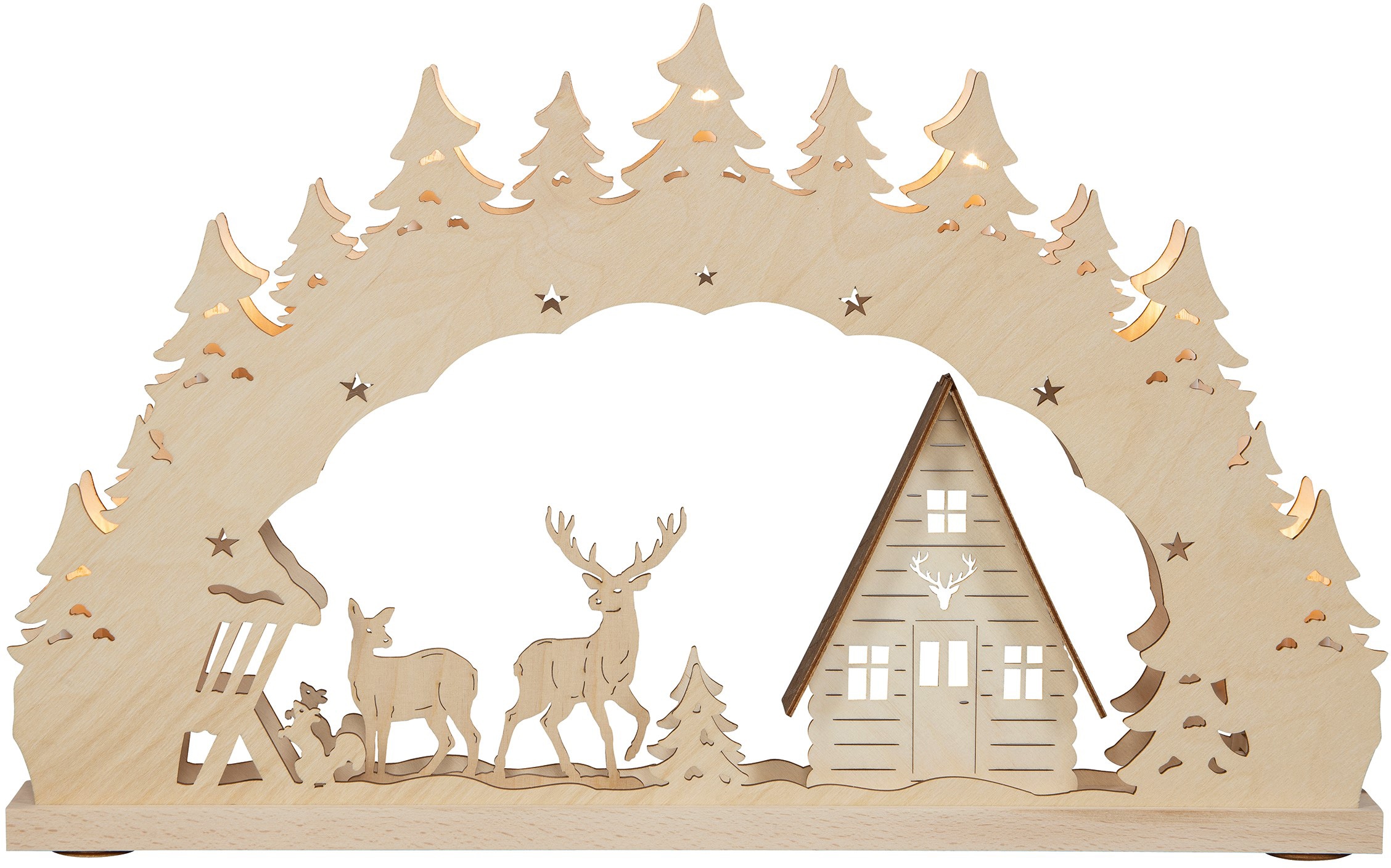Weigla Schwibbogen »Waldhaus, Weihnachtsdeko«, aus Buchenholz, Riffelkerzen, 7-flammig, Höhe 32 cm