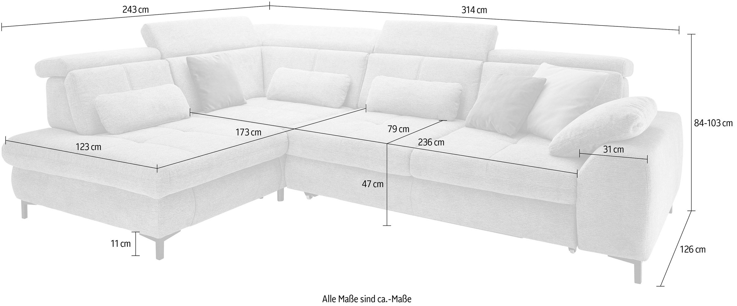 set one by Musterring Ecksofa »SO 3400, Komfortsitzhöhe 47cm oder 49cm, inkl. Sitztiefenverstellung«, verschiedene Funktionen, Kaltschaumpolsterung, Stellmaße 220 x 317 cm