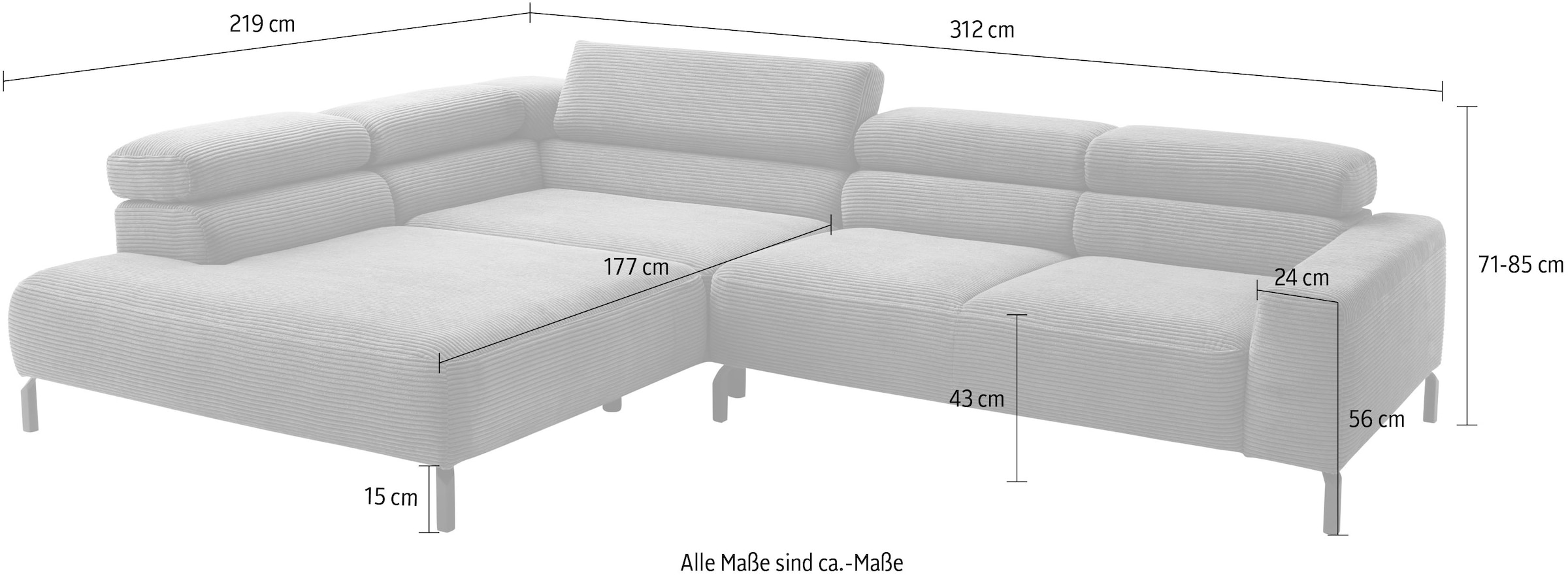 Places of Style Ecksofa »Antonelli, L-Form, inkl. Kopfteilverstellung, Breite 312 cm«, mit elektrischer Sitztiefenverstellung, in Cord, oliv