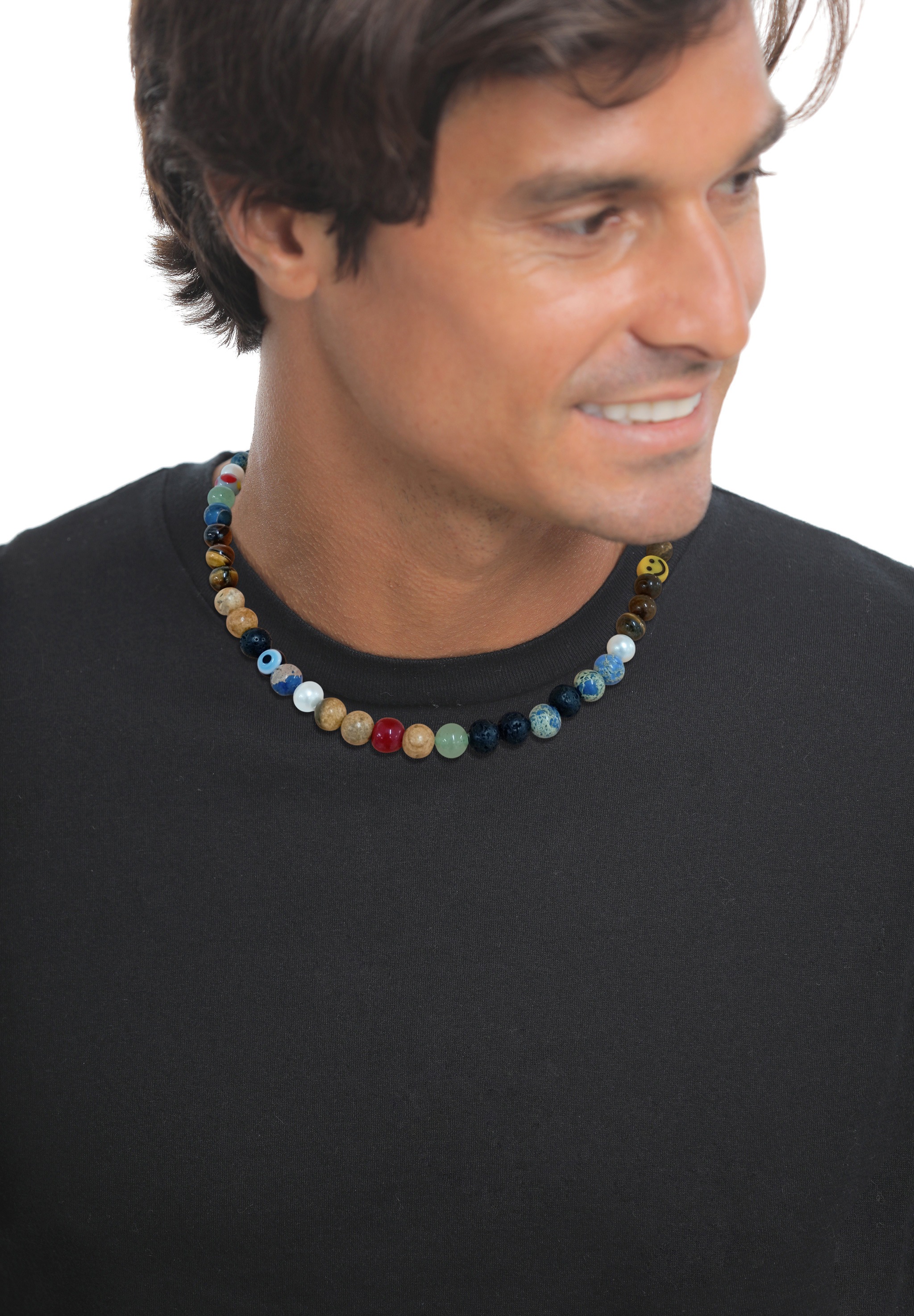 Kuzzoi Silberkette »Halskette Beads mit Smiling Face Silber Tigerauge Braun 925 Sterling Silber«