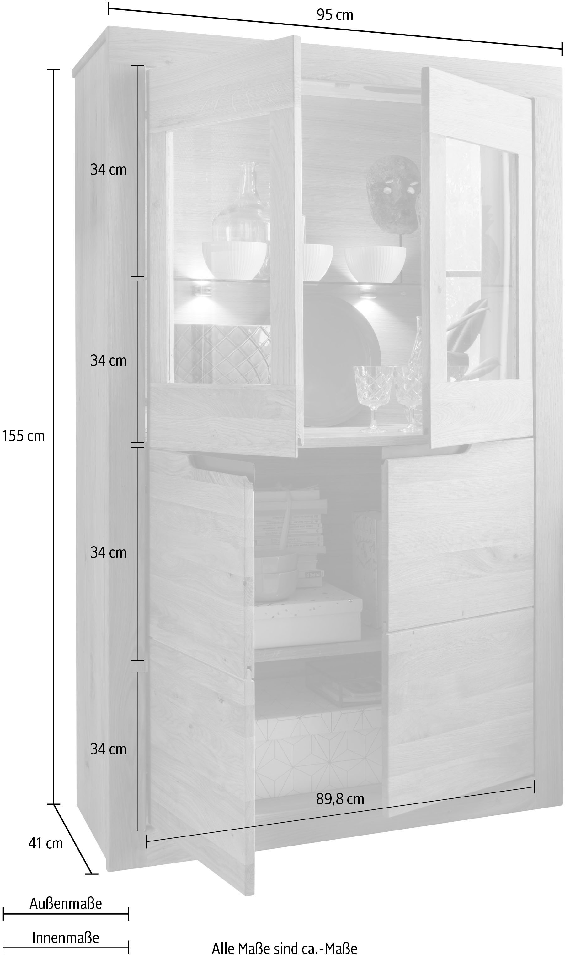 Wildeiche Hochschrank, Landhaus Infantil by Vitrine 155 Glasvitrine, Wohnglücklich Höhe cm, »Basel«, online Schrank, kaufen