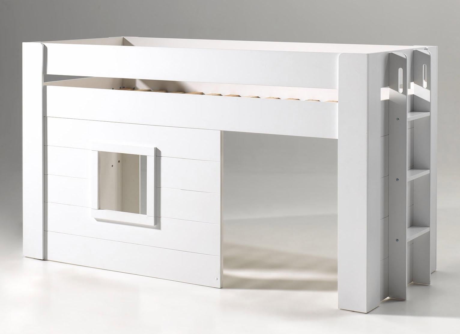 Vipack Hochbett »Noah, ein tolles Budenbett mit hoher Standfestigkeit, weiß lackiert«, (B/H/Tca.214x120x96cm, Leiter rechts/links möglich, Absturzschutz oben), inkl. Rolllattenrost, wahlweise mit und ohne Textilvorhang