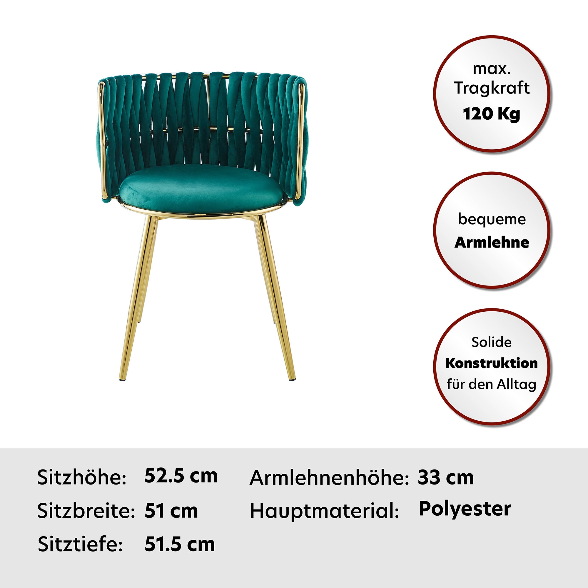 Kayoom »Stuhl Melly 125 2er-Set,tolles Design der Rückenlehne, runde Sitzfläch« (Set) 2 Stk.ausgefallen geflochtene Rückenlehne, Samtbezug, goldene Beine