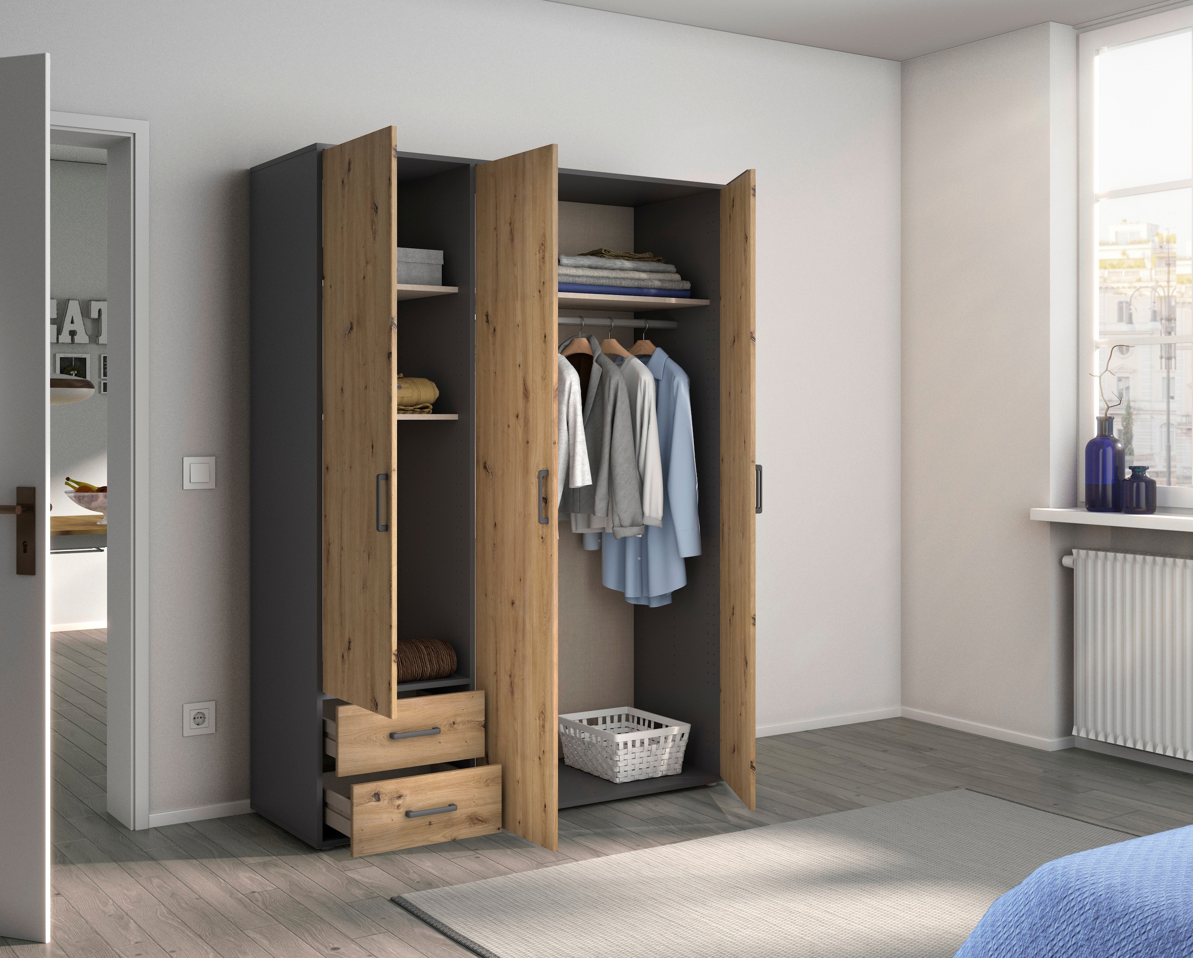 rauch Drehtürenschrank »Kleiderschrank Schrank Garderobe Wäscheschrank VOYAGER«, moderne Griffe in Graumetallic mit Außenschubkästen MADE IN GERMANY