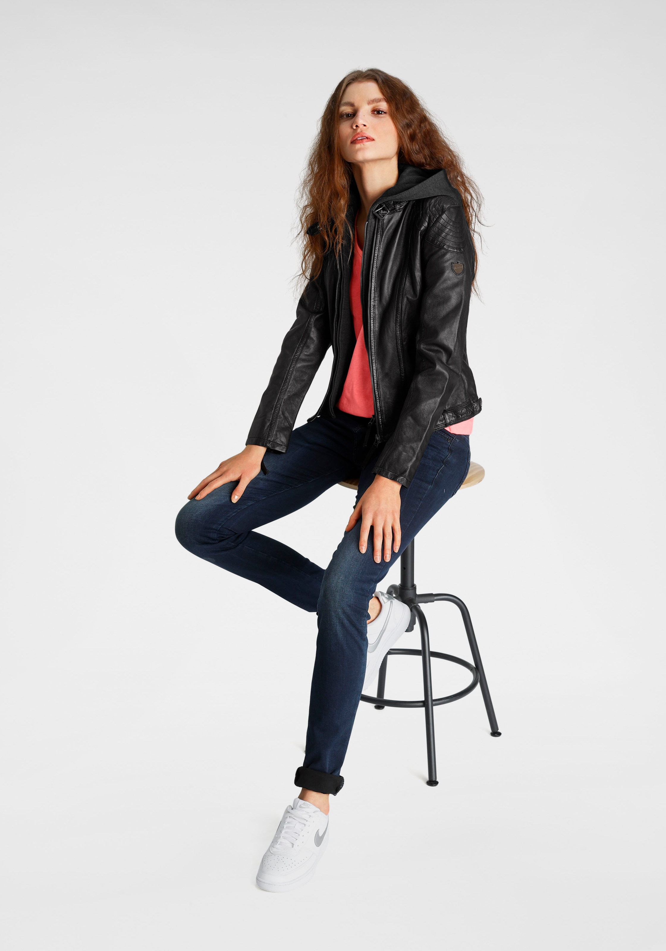 Mauritius Lederjacke »Cacey LEGV« mit Kapuze mti Kapuze, Reißverschluss, Ziersteppung