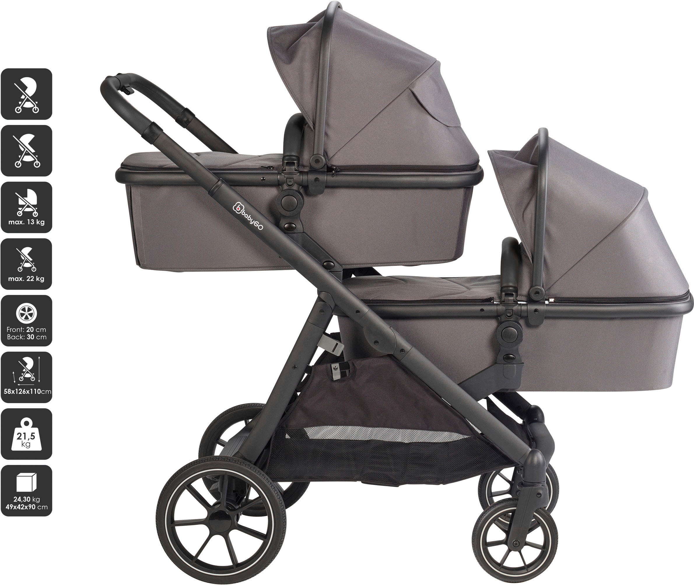 BabyGo Zwillings-Kombikinderwagen »Duo, grau«, inkl. Wickeltasche u. 2 Regenhauben
