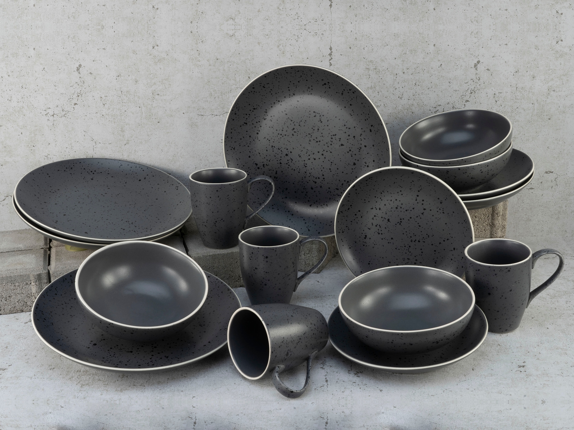 CreaTable Kombiservice »Geschirr-Set Industrial Chic«, (Set, 16 tlg., Kaffeeservice und Tafelservice im Set, für 4 Personen), Service, seidenmatte Sprenkelglasur, 16 Teile, für 4 Personen