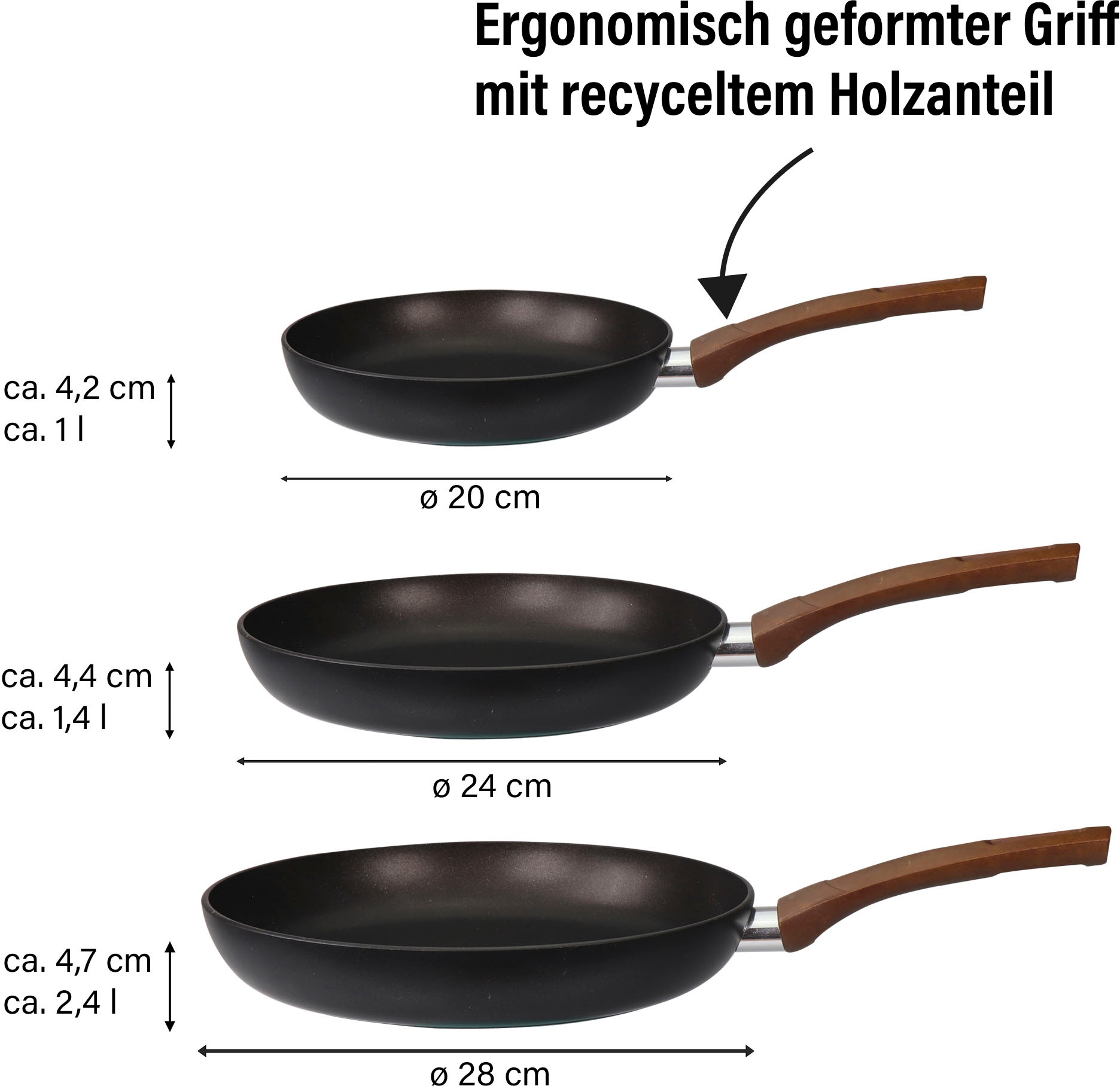 NATURAL LINE Pfannen-Set »NATURAL LINE«, Aluminium, (Set, 3 tlg., je 1 Bratpfanne Ø 20/24/28 cm, Fassungsvermögen 1,1/ 1,5/ 2,3 Liter), Induktion