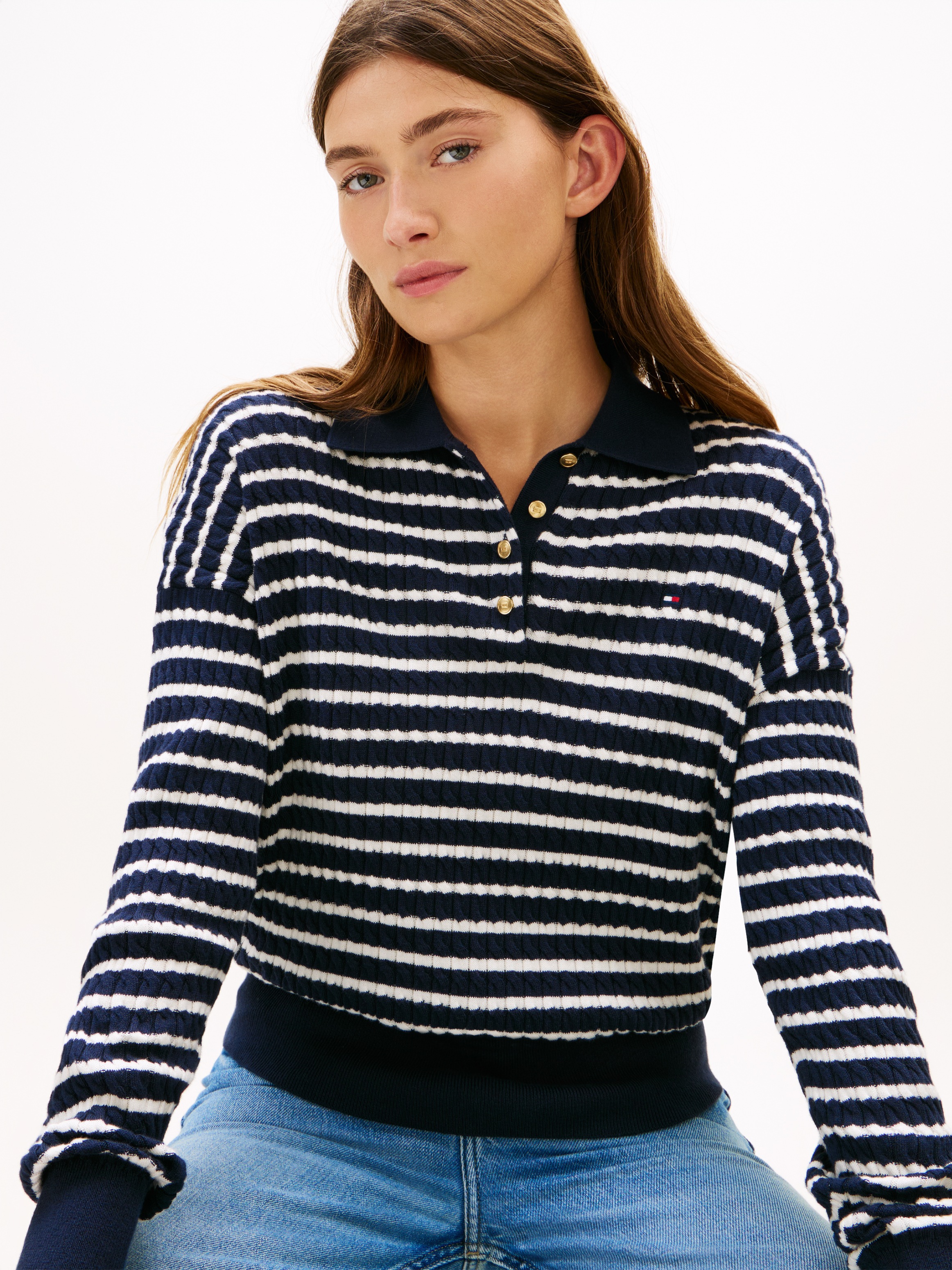 Tommy Hilfiger Strickpullover »CO CABLE FINE GG RLXD POLO SWT« mit Zopfmuster