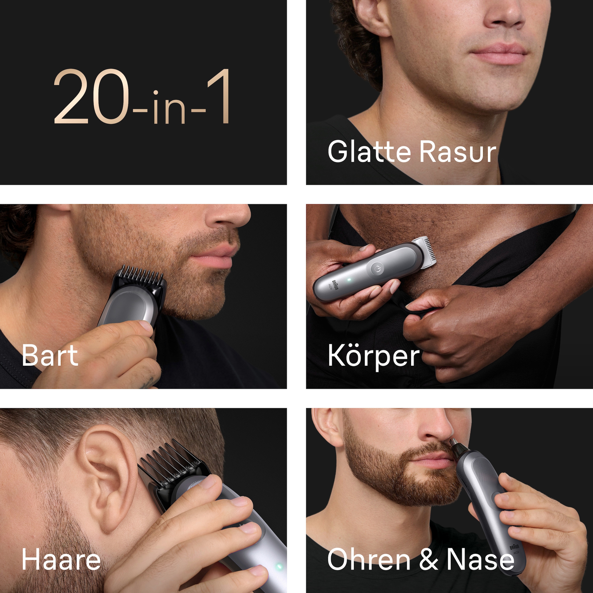 Braun Haarschneider »Series 9 AIO9540« 16 Aufsätze 20-in-1, BodyGentle Modus, 120 Min Akku, Gillette Labs Rasierer, Grau
