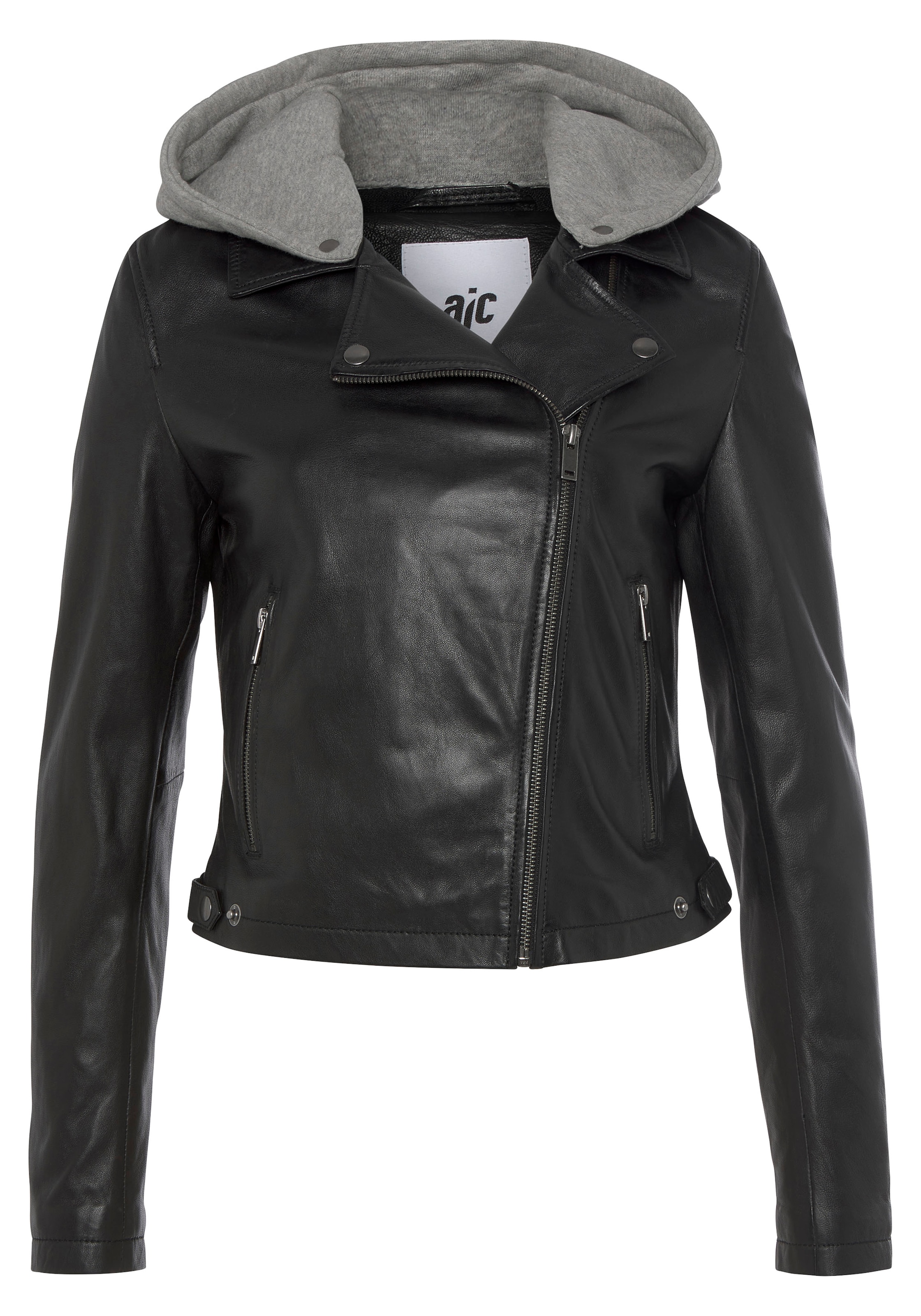 AJC Lederjacke, mit Kapuze, im sportlichem Biker-Look mit abnehmbarer Kapuze