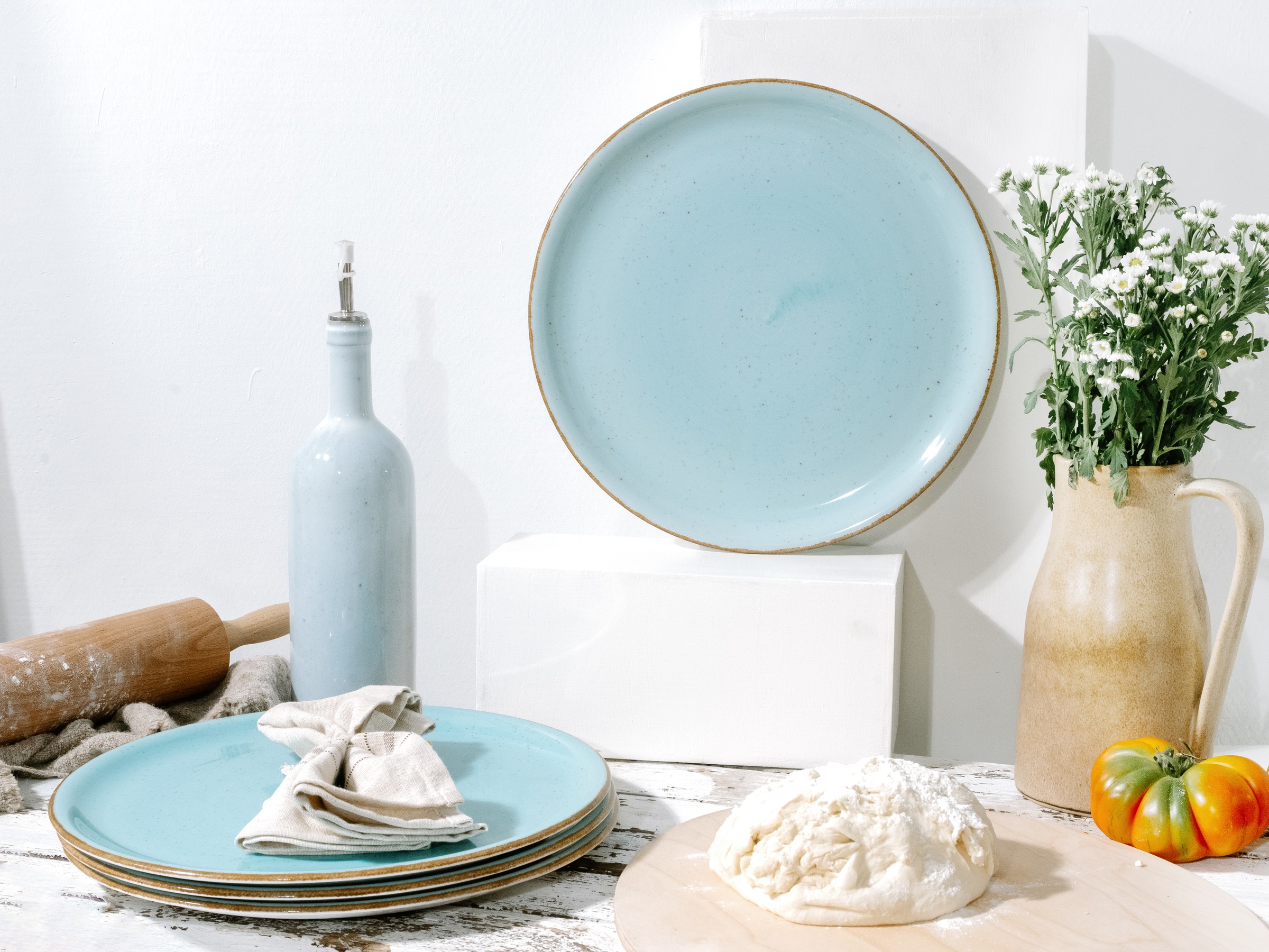 CreaTable Pizzateller »Vintage Nature, Pizzateller 33 cm 4-tlg« Teller Set, Handgemalt, Gesprenkelt, Rustikales Außenband