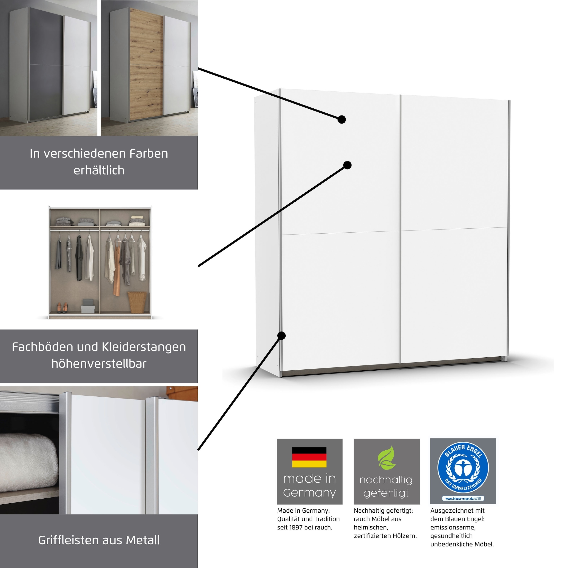 rauch Schwebetürenschrank »Kleiderschrank Schrank Garderobe SATURN mit 3 Ausstattungsvarianten« 3 verschiedene Ausstattungsvarianten Griffe aus Metall MADE IN GERMANY