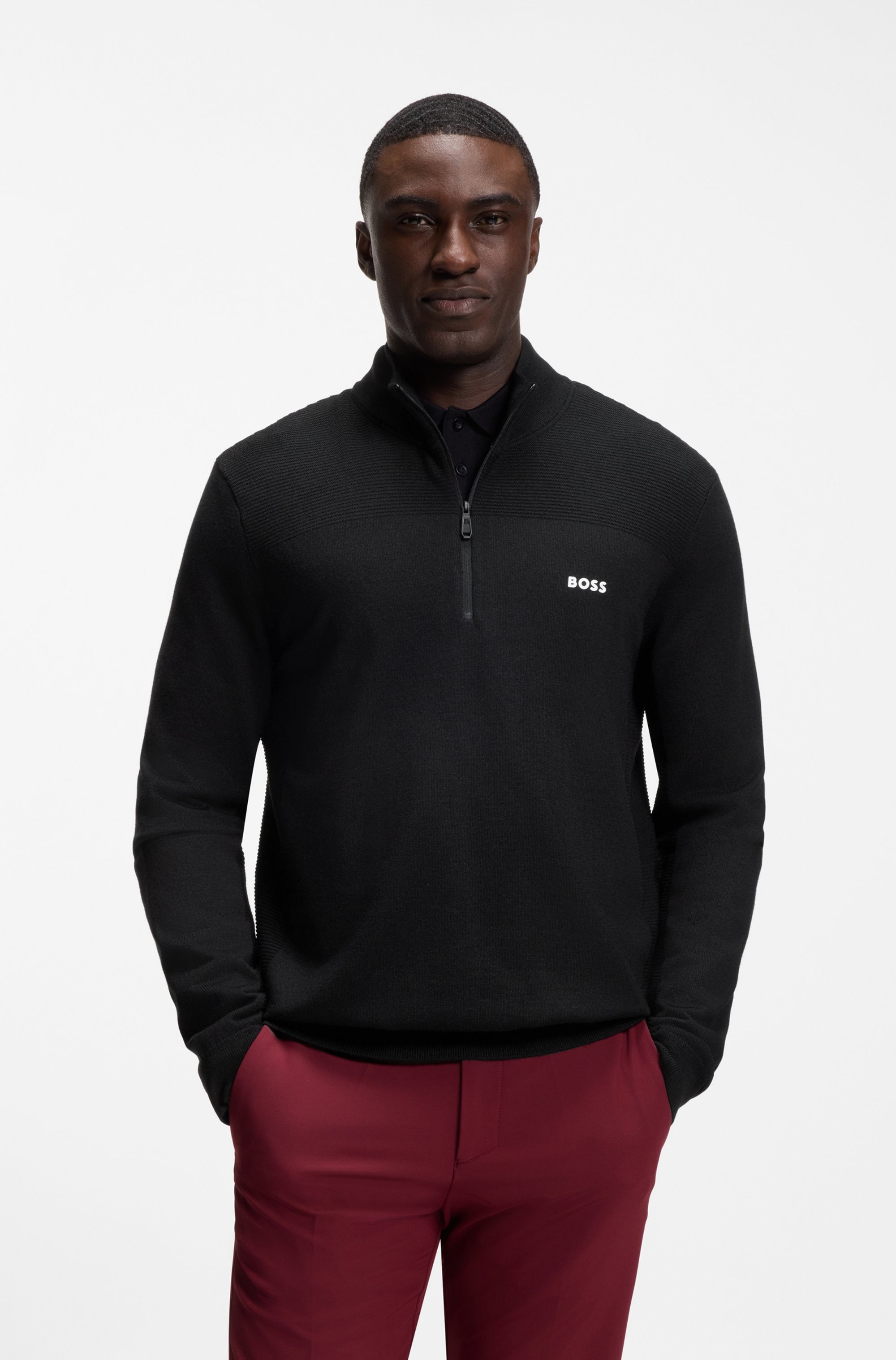 BOSS GREEN Strickpullover Stehkragen mit Reißverschluss, Regular Fit, Woll-Anteil