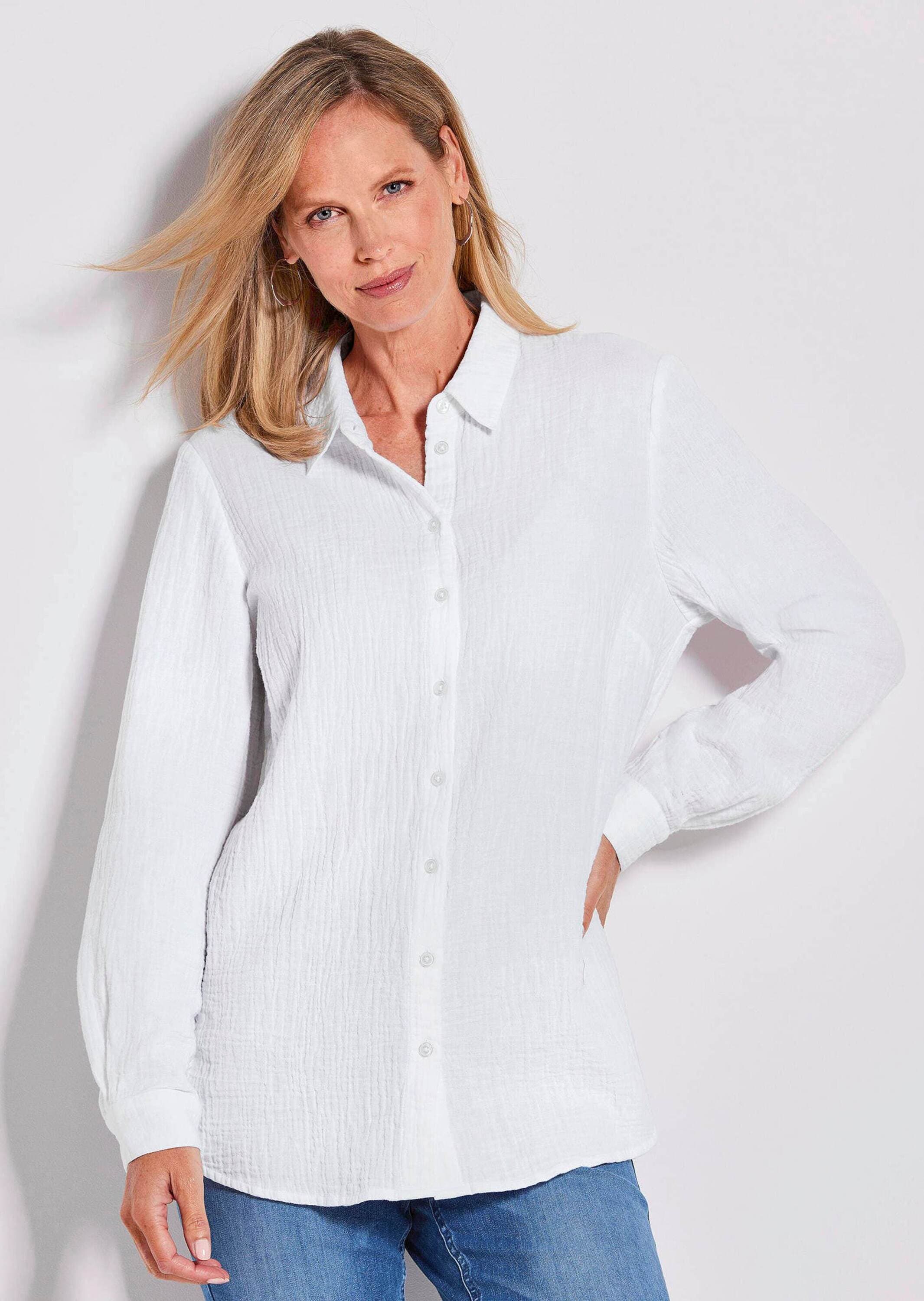 GOLDNER Hemdbluse »Verlängerte Langarm Musselin-Bluse« überaus hautfreundliche Qualität