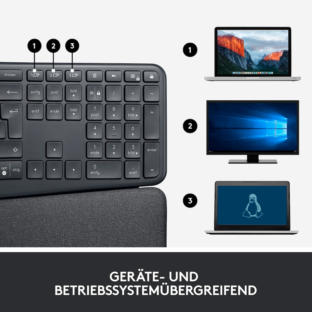 Logitech ergonomische Tastatur »ERGO K860«, (ergonomische Form-Handgelenkauflage-ausklappbare Füße)