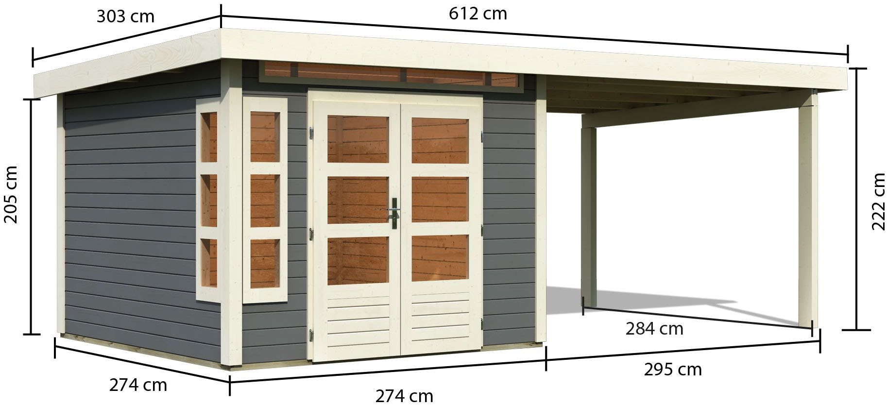 Karibu Gartenhaus »Kolimasee 6« mit Anbaudach 3,2 m, terragrau