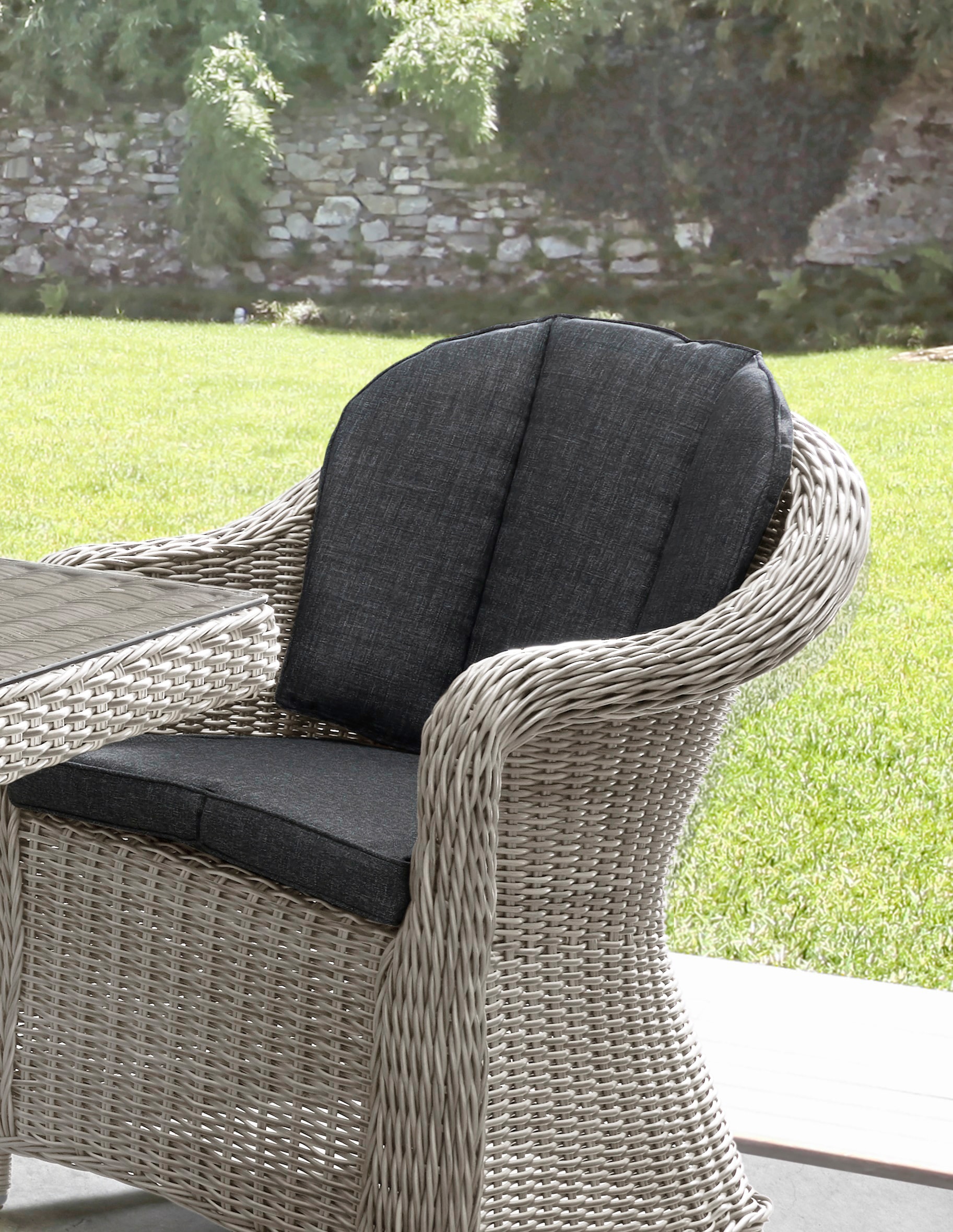 Destiny Garten-Essgruppe »MALAGA LUNA«, (Set, 13 tlg.), Polyrattan, 4 Sessel + Tisch 165x90x75cm, inkl. Auflagen