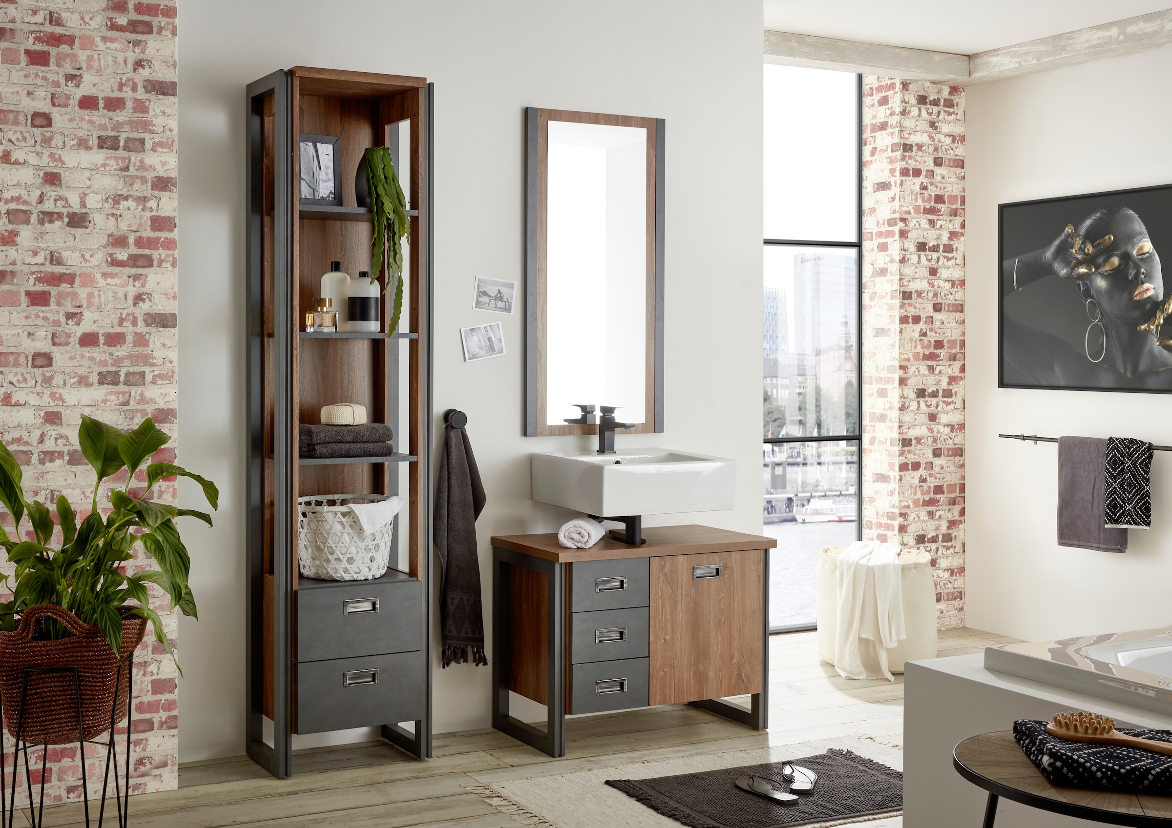 Home affaire Badmöbel-Set »Detroit, Bad im Industrialdesign, 3-teiliges Badezimmer«, (Set, 3 St.), Unterschrank, Regal & Spiegel, holzfarben, offene Fächer & Stauraum