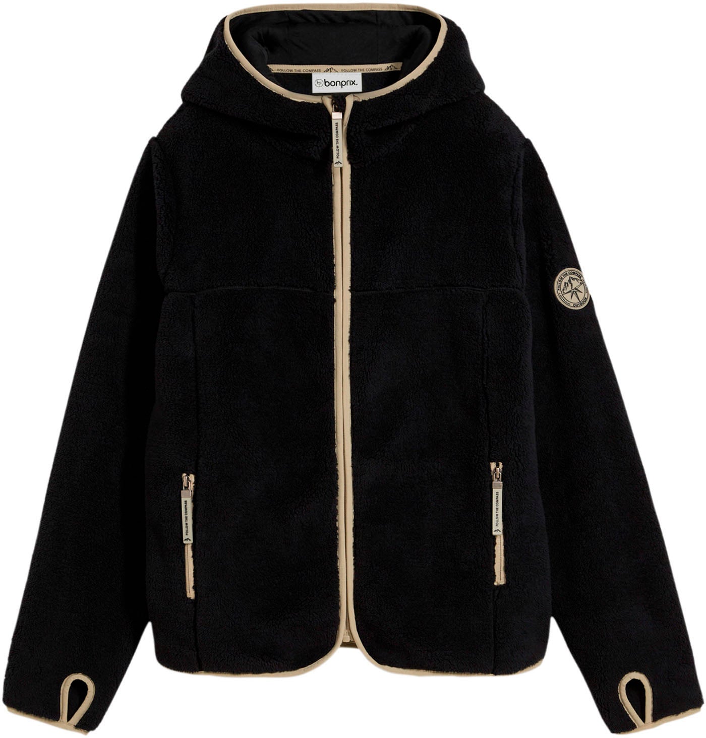 bonprix Fleecejacke mit Kapuze mit Kapuze, aus Teddy-Fleece, lässige Passform, mit Stehkragen