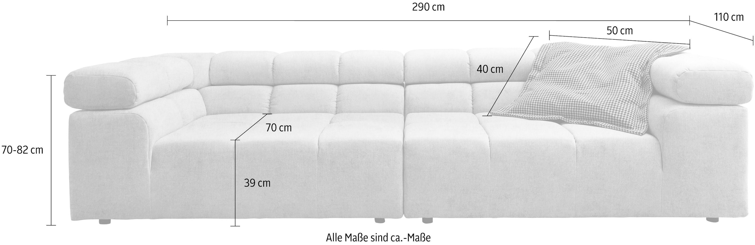 INOSIGN Big-Sofa »Ancona B/T/H: 290/110/70 cm« auffällige Steppung, inkl. 2 Zierkissen und verstellbaren Kopfstützen