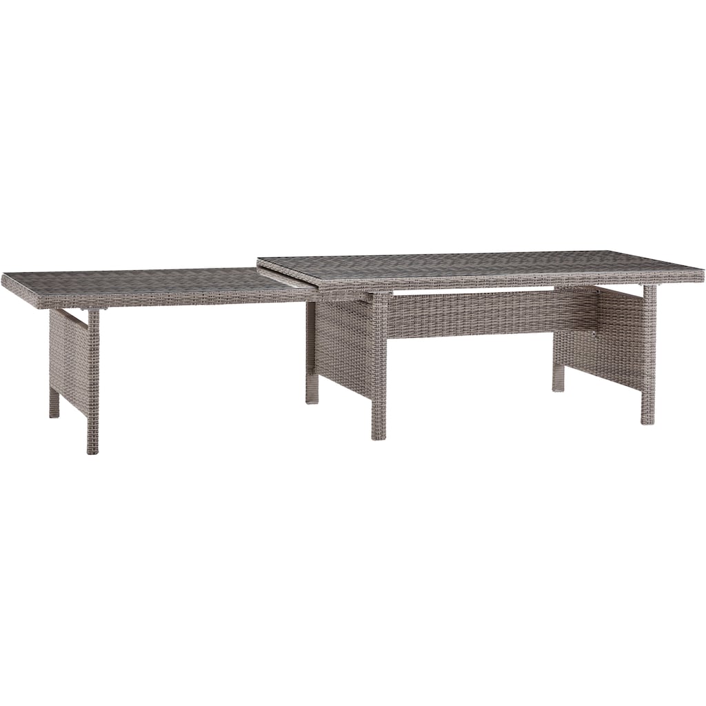 KONIFERA Garten-Essgruppe »Monaco«, (Set, 31 tlg., 10x Sessel, 1xTisch 200-366x100x75,5cm, inkl. Auflagen, Polyrattan,Alu)