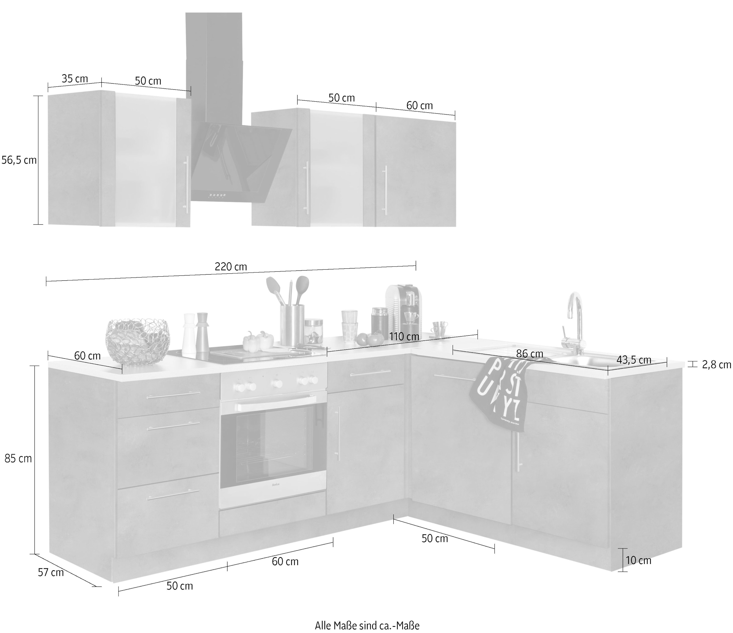 wiho Küchen Winkelküche »Cali«, ohne OTTO bei x Stellbreite cm E-Geräte, 170 220