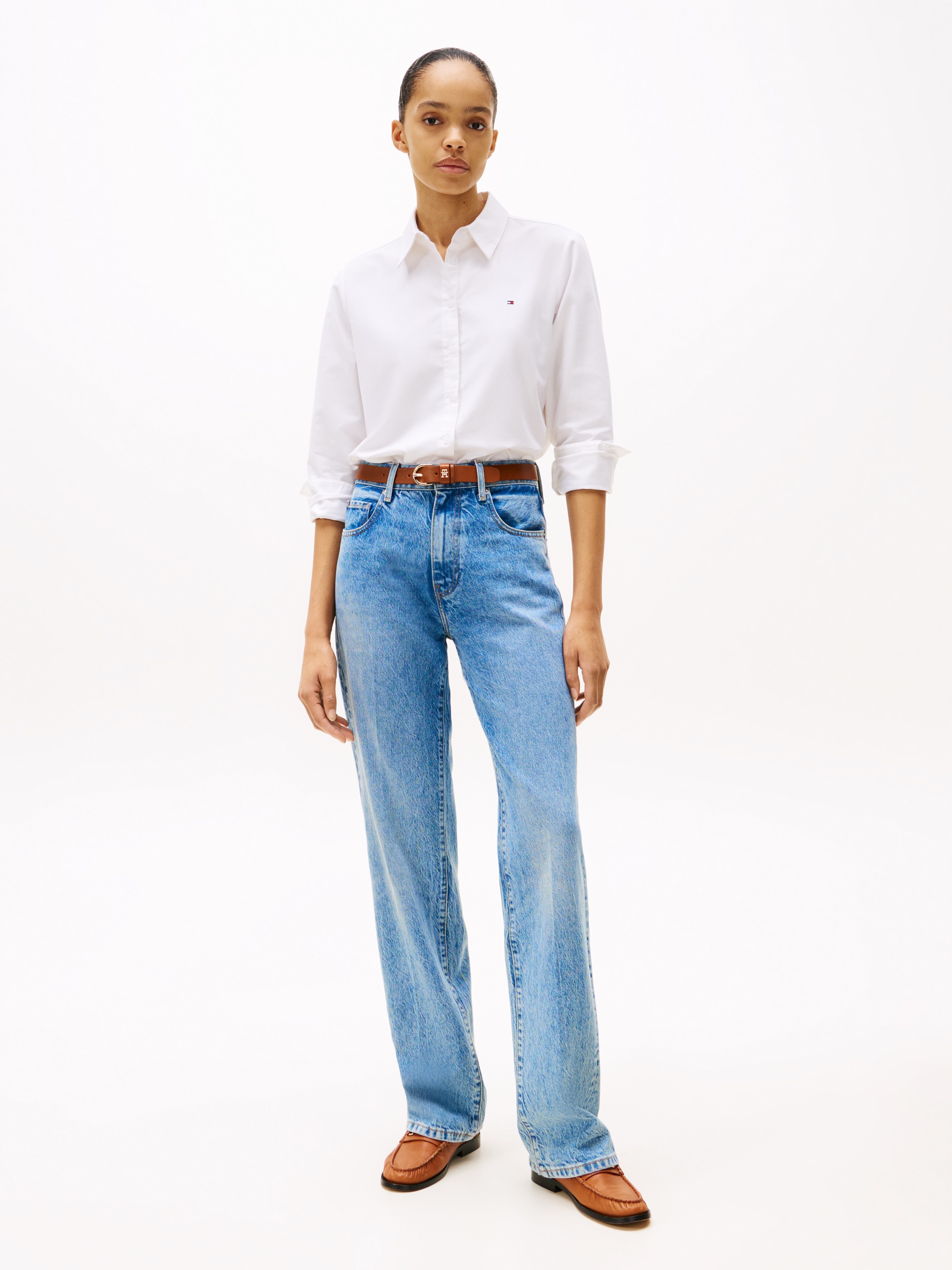 Tommy Hilfiger Hemdbluse »OXFORD RELAXED FIT SHIRT mit Hemdblusenkragen und Stickerei«, gestreift, klassisch, relaxed fit, Baumwolle, Kragen