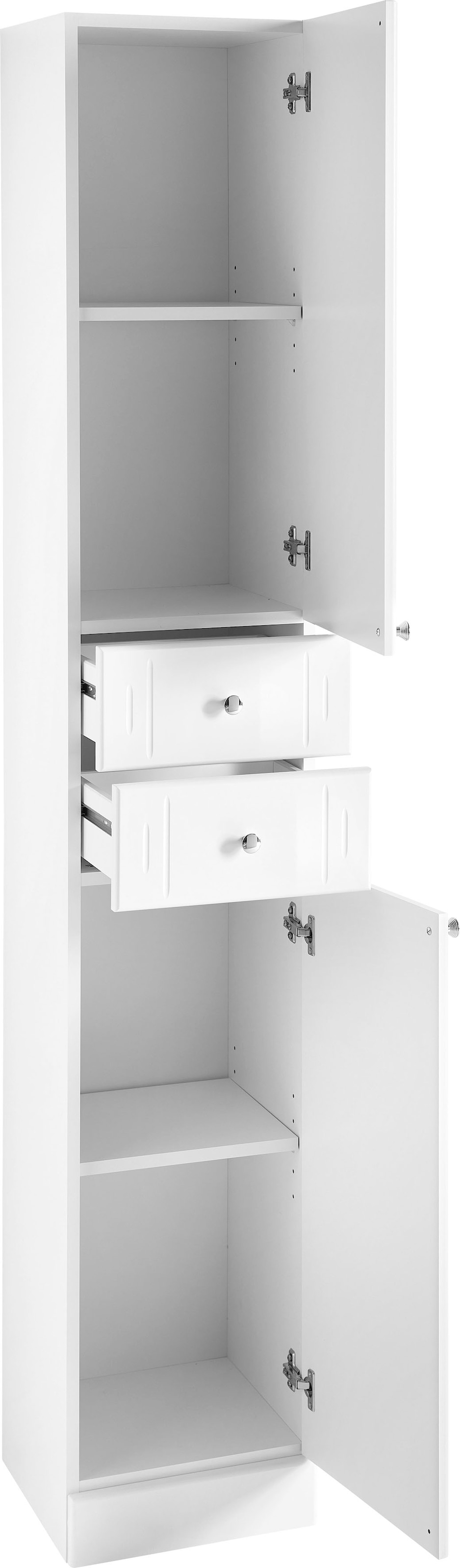Saphir Hochschrank »Quickset 955 Badschrank, 32,5 cm breit, 2 Türen, 2 Schubladen«, Badezimmer-Hochschrank inkl. Türdämpfer, Griffe in Chrom glänzend