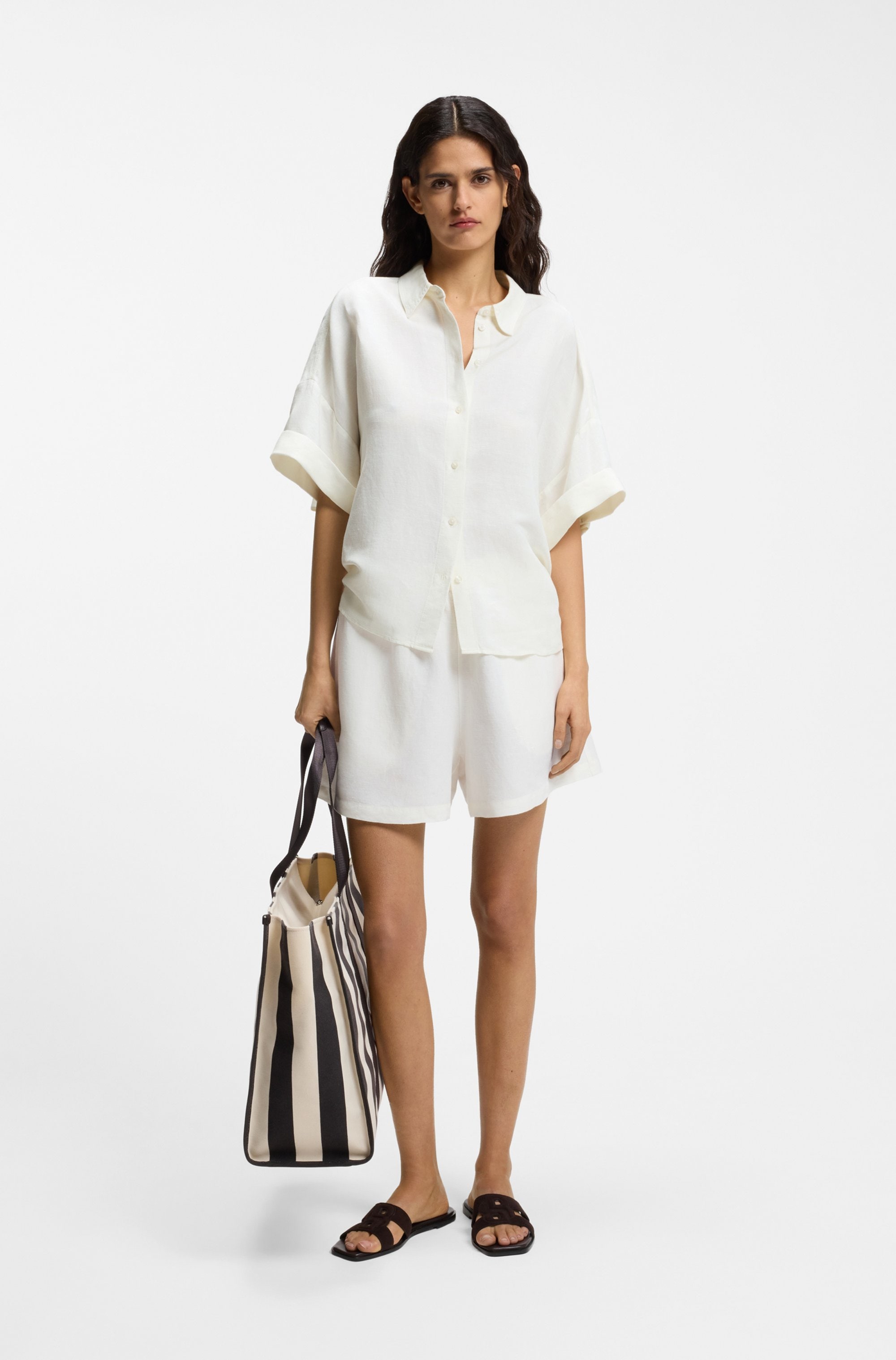 BOSS ORANGE Hemdbluse »Bisenas Premium Damenmode« mit Spitzkragen, Leinen-Mix