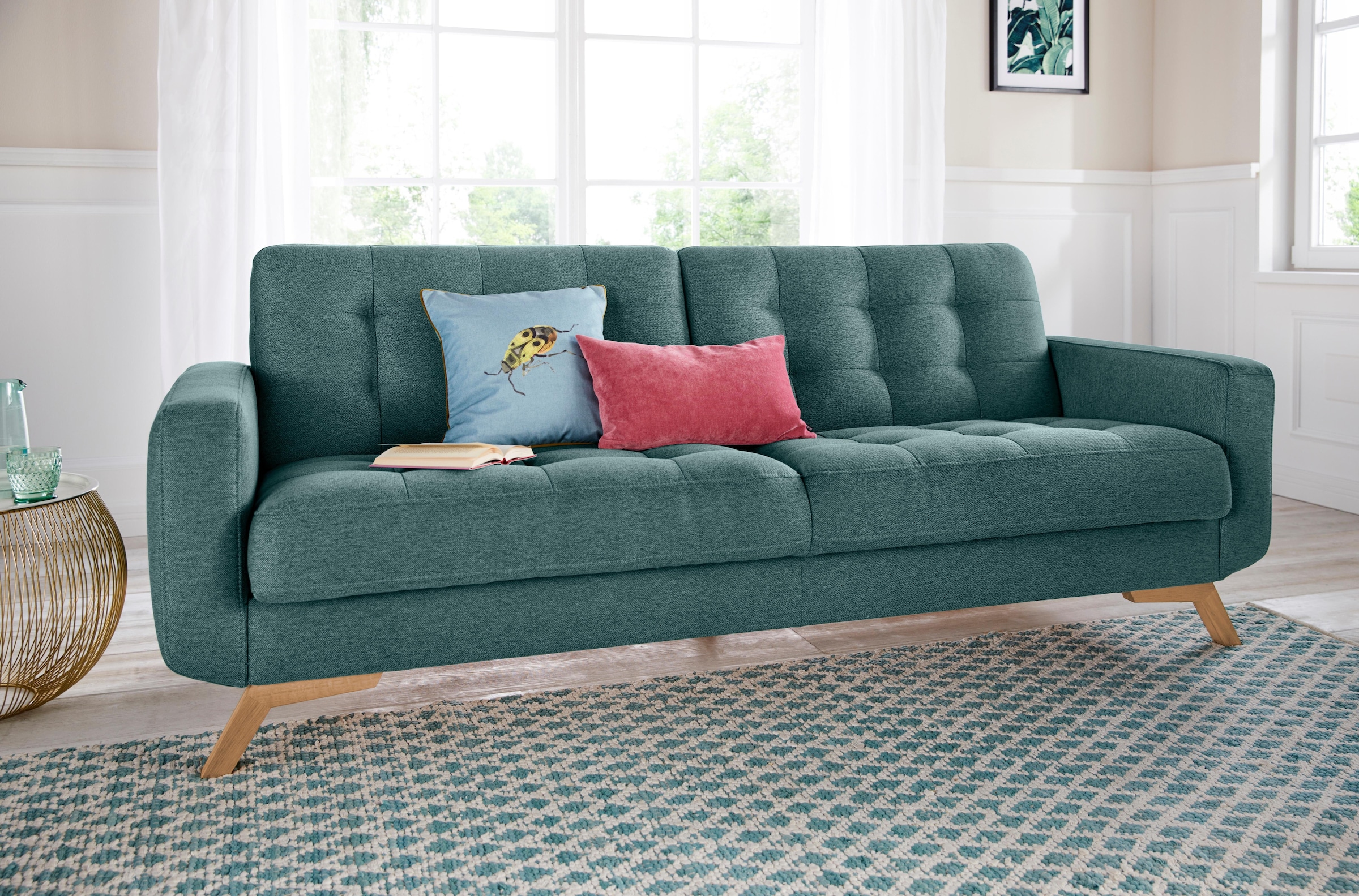 exxpo - sofa fashion 3-Sitzer »Fiord, aktuelles Design, tolle Detailverarbeitung im Sitz und Rücken«, bequem, wahlweise Kippcouch mit Bettfunktion und Bettkasten, Holzfuß