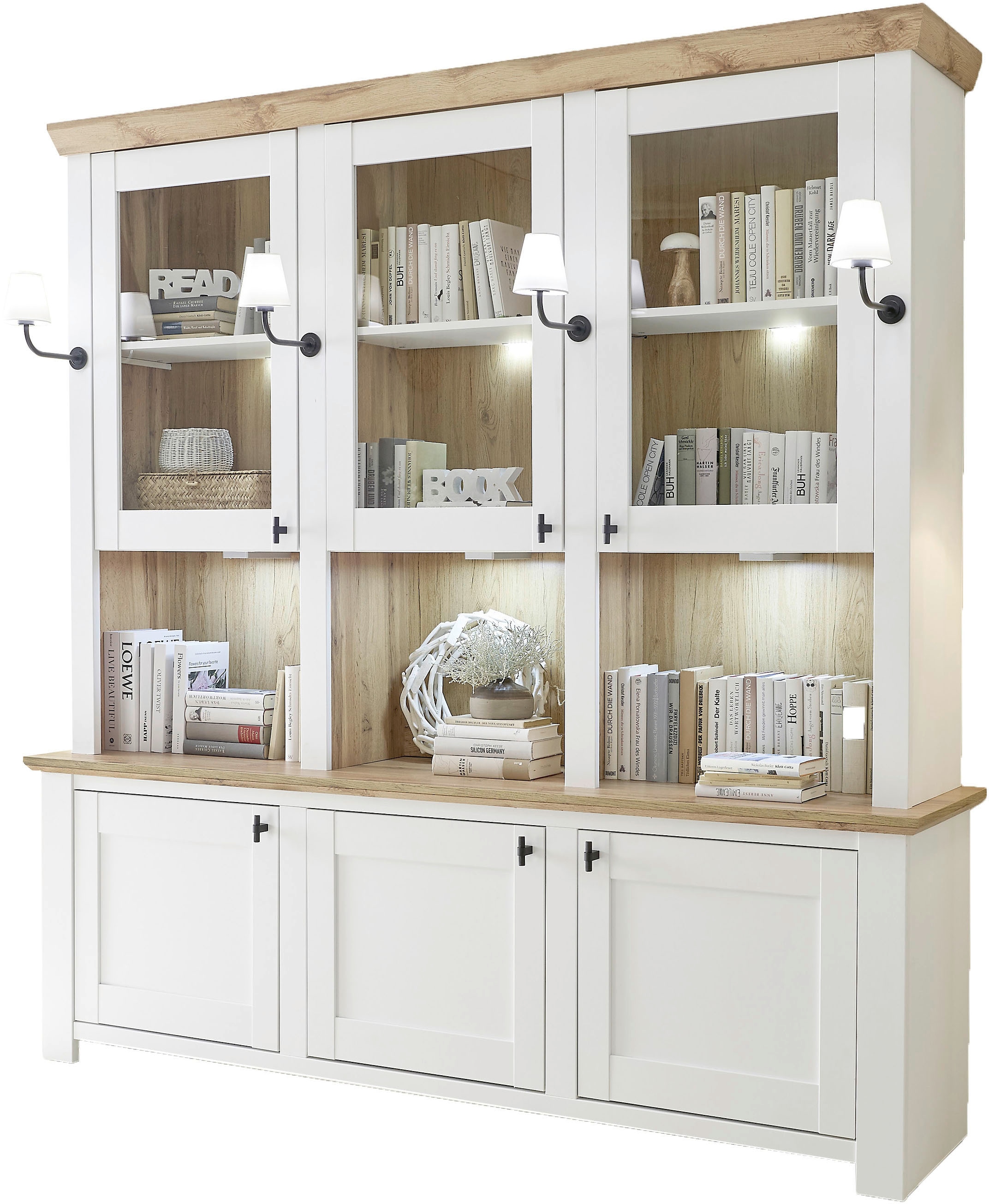 Home affaire Buffet »Bristol, Bücherschrank im Landhausstil, moderner Hochschrank« schwarze Metallgriffe, elegante Kranzoptik, mit Beleuchtung