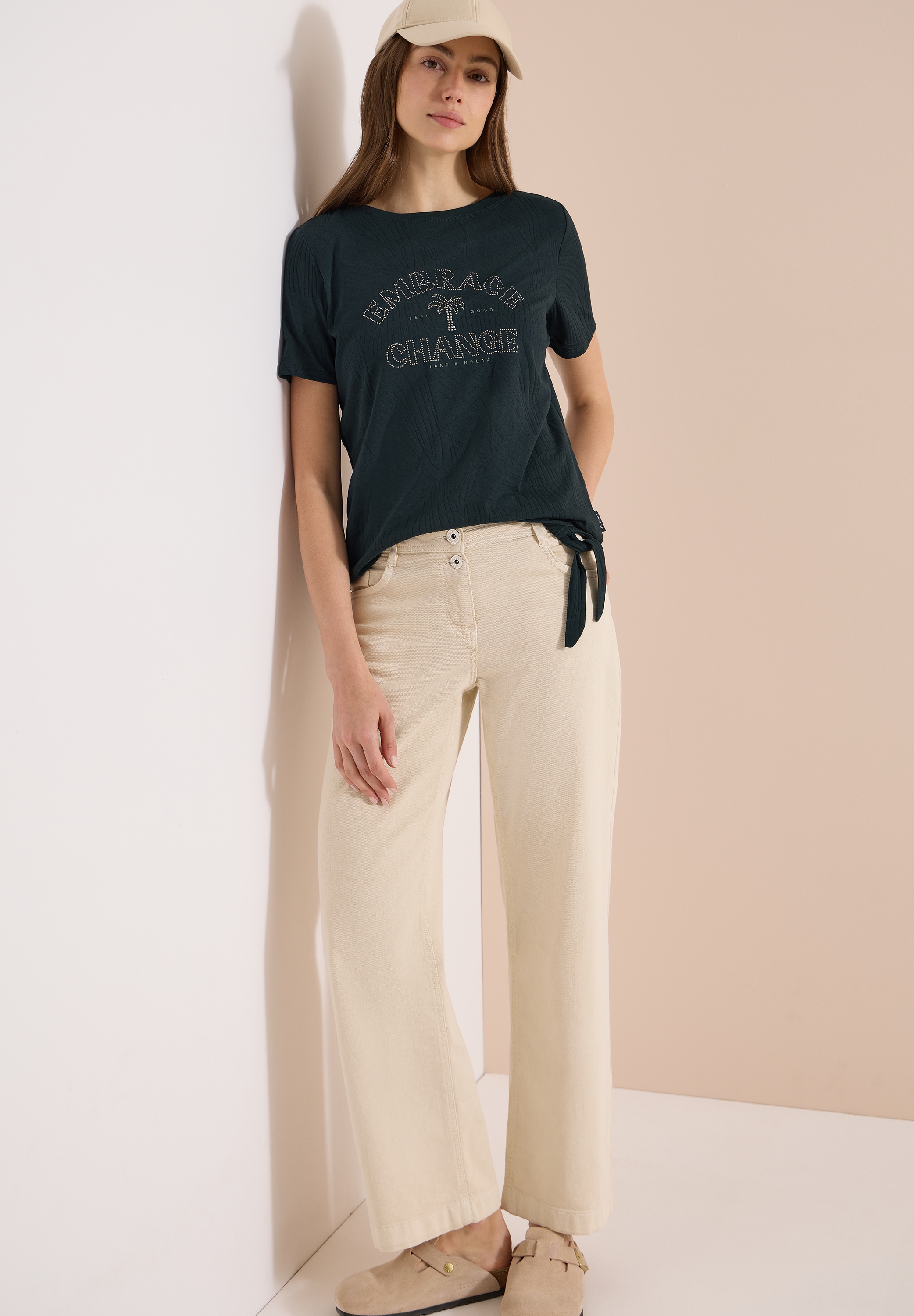 Cecil Rundhalsshirt Sommershirt im Ausbrenner-Look mit Wording