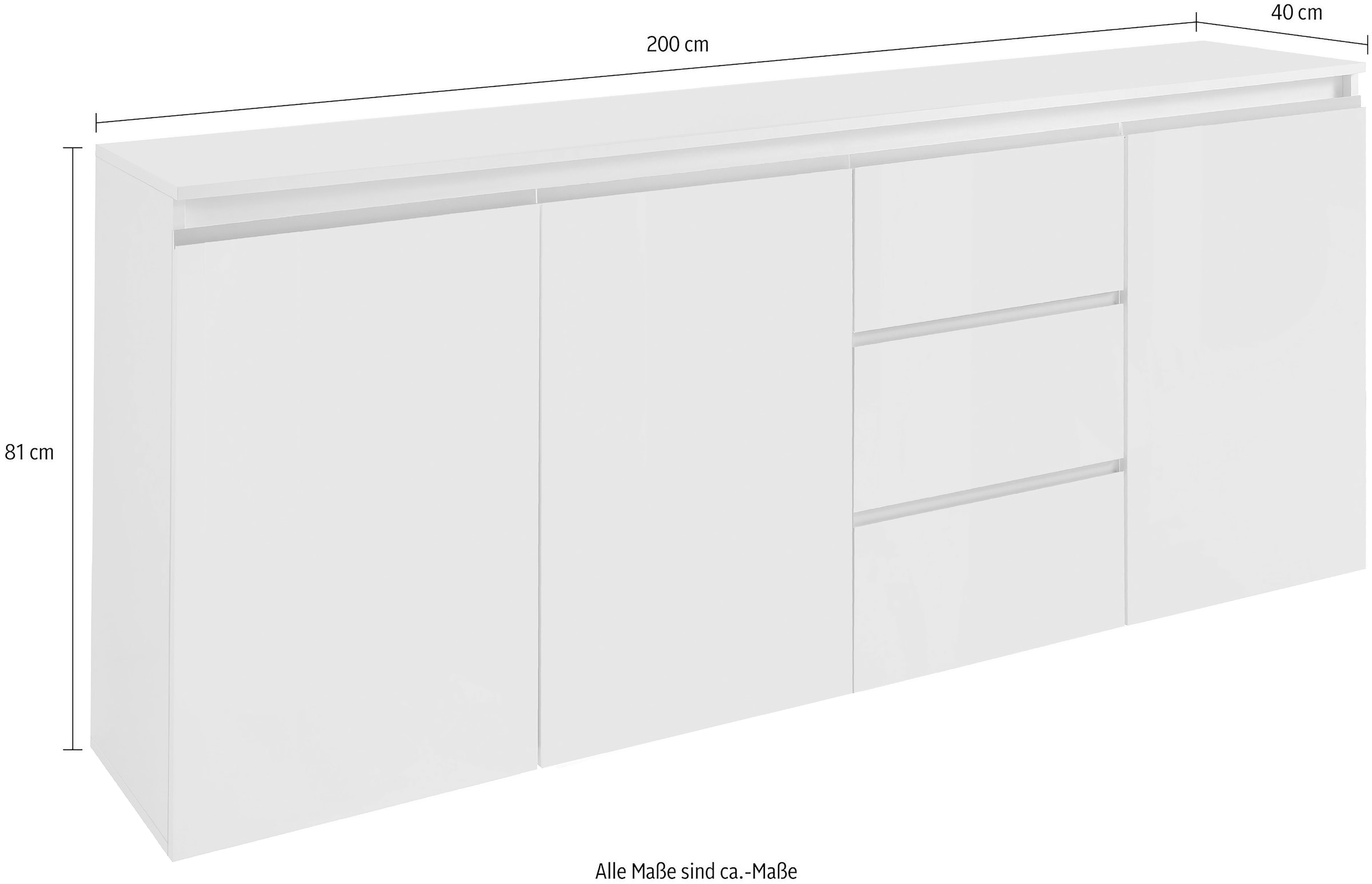 INOSIGN Sideboard »Magic, Kommode, Schrank, Stauraumschrank« Mit 3 Türen,3 Schubkästen und Aluminiumgriff, (B/T/H) 200x40x81 cm