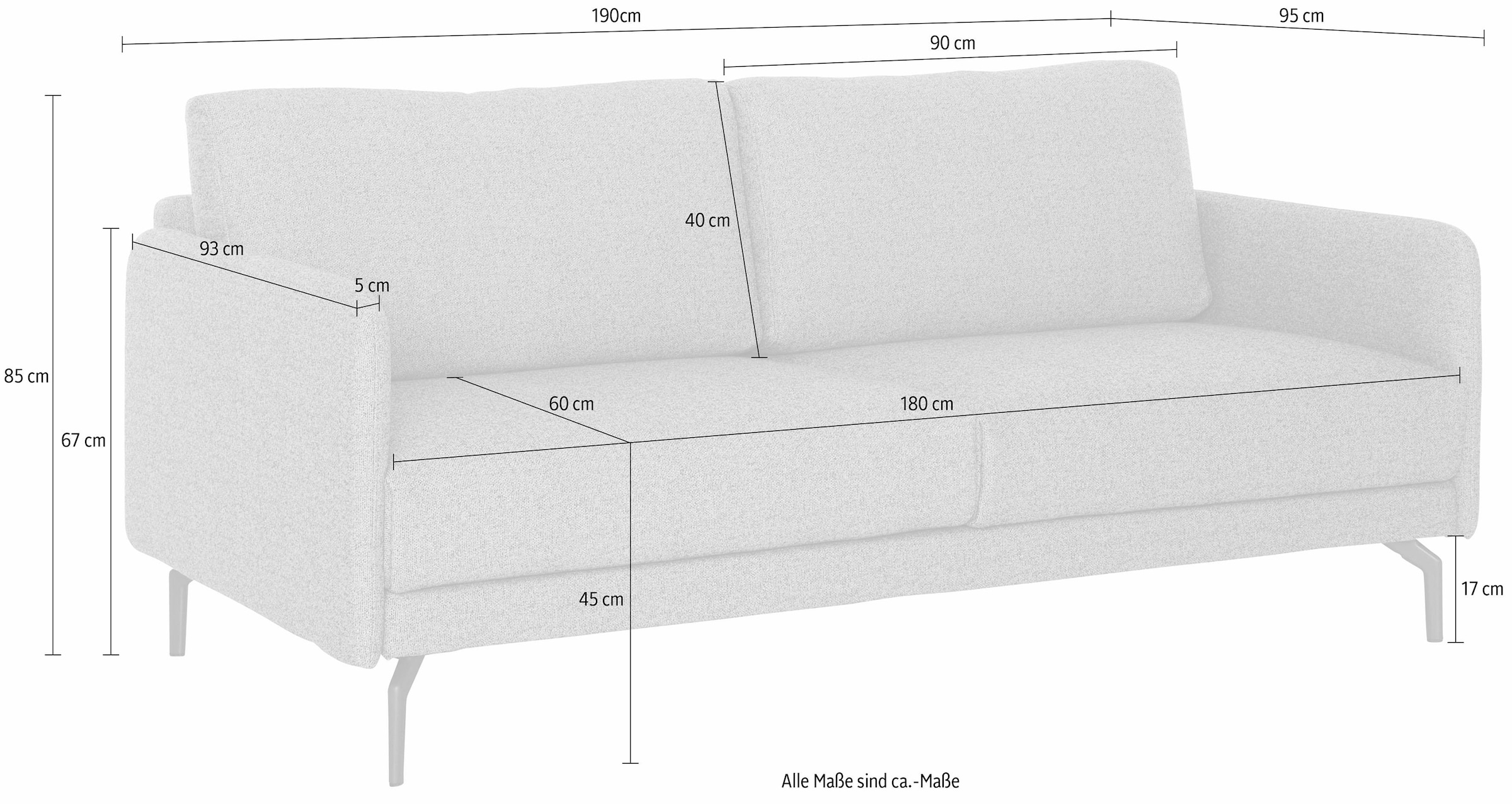 Armlehne schmal, 190 Breite Umbragrau sofa sehr hülsta online cm, 3-Sitzer »hs.450«, kaufen Alugussfuß