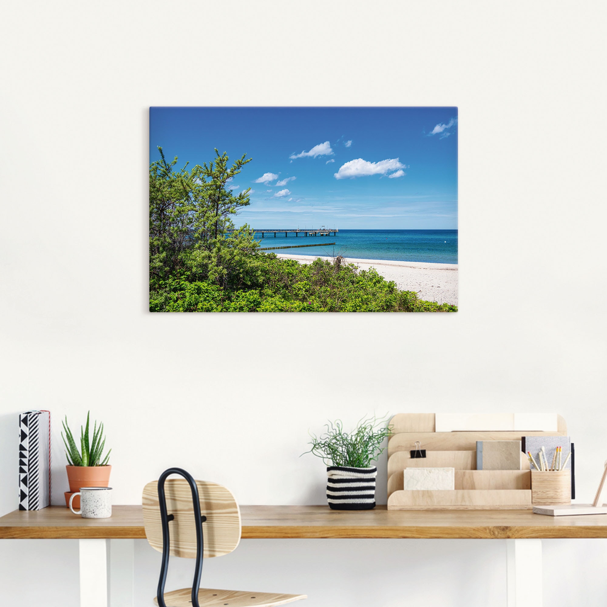 Artland Wandbild »Strand und Seebrücke an Ostseeküste«, Strandbilder, (1 St.), als Alubild, Leinwandbild, Wandaufkleber oder Poster in versch. Größen