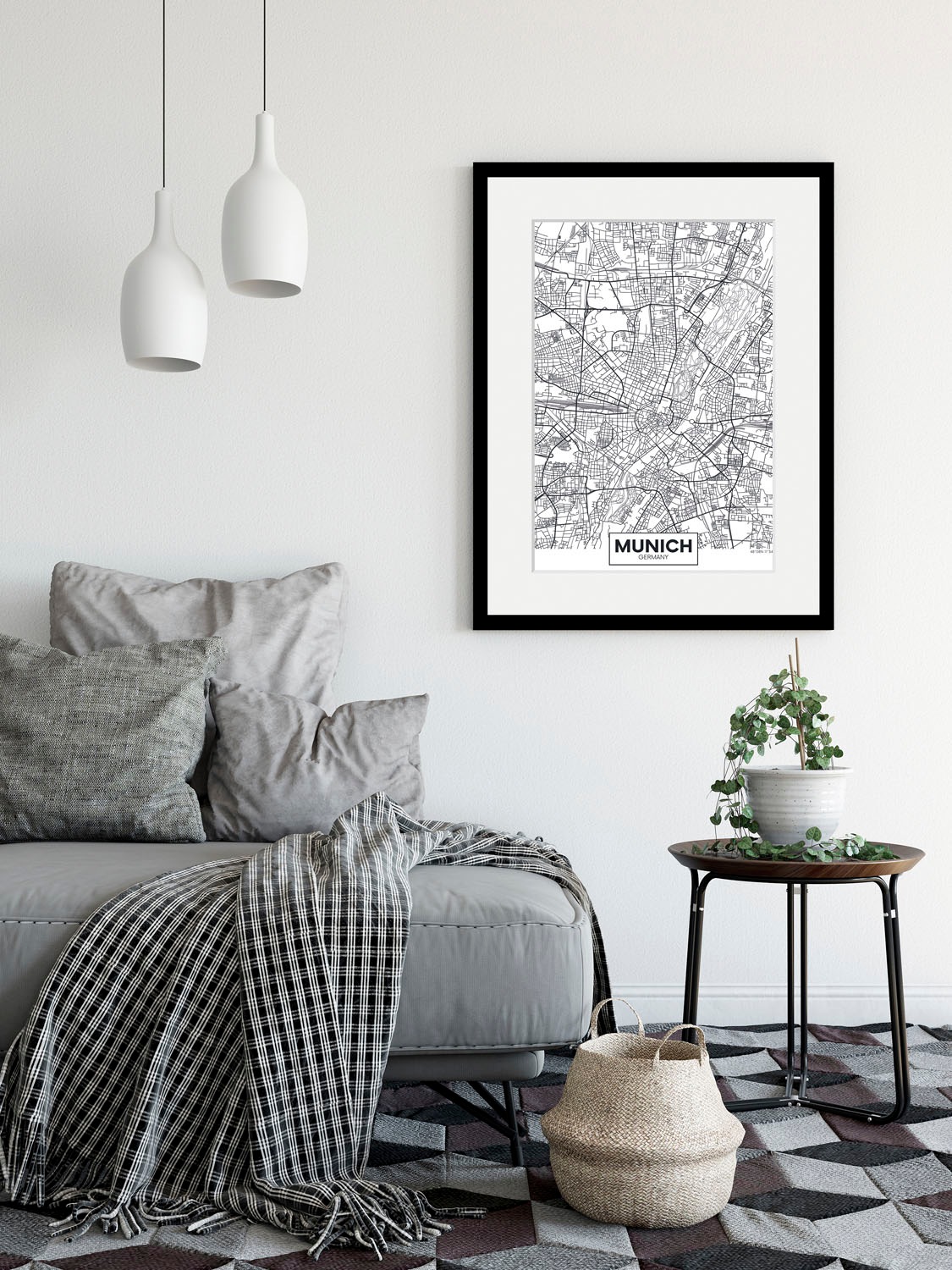 queence Bild »Munich Stadtkarte«, Städte-Schriftzug-Deutschland-Stadt-München-Schwarz-Weiß, (1 St.), HD Premium Poster-Druck inkl. Holzrahmen