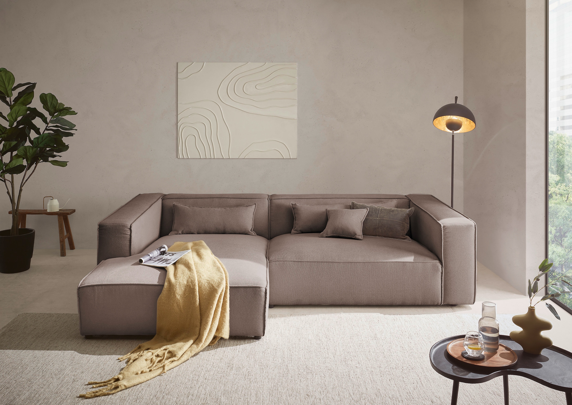 LeGer Home by Lena Gercke Ecksofa »PIARA XXL, Big-Sofa in Cord oder Leinenoptik, L-Form, mit Kedernaht«, wahlweise Ottomane rechts/links, schwarze Füße, extra tiefe Sitzfläche