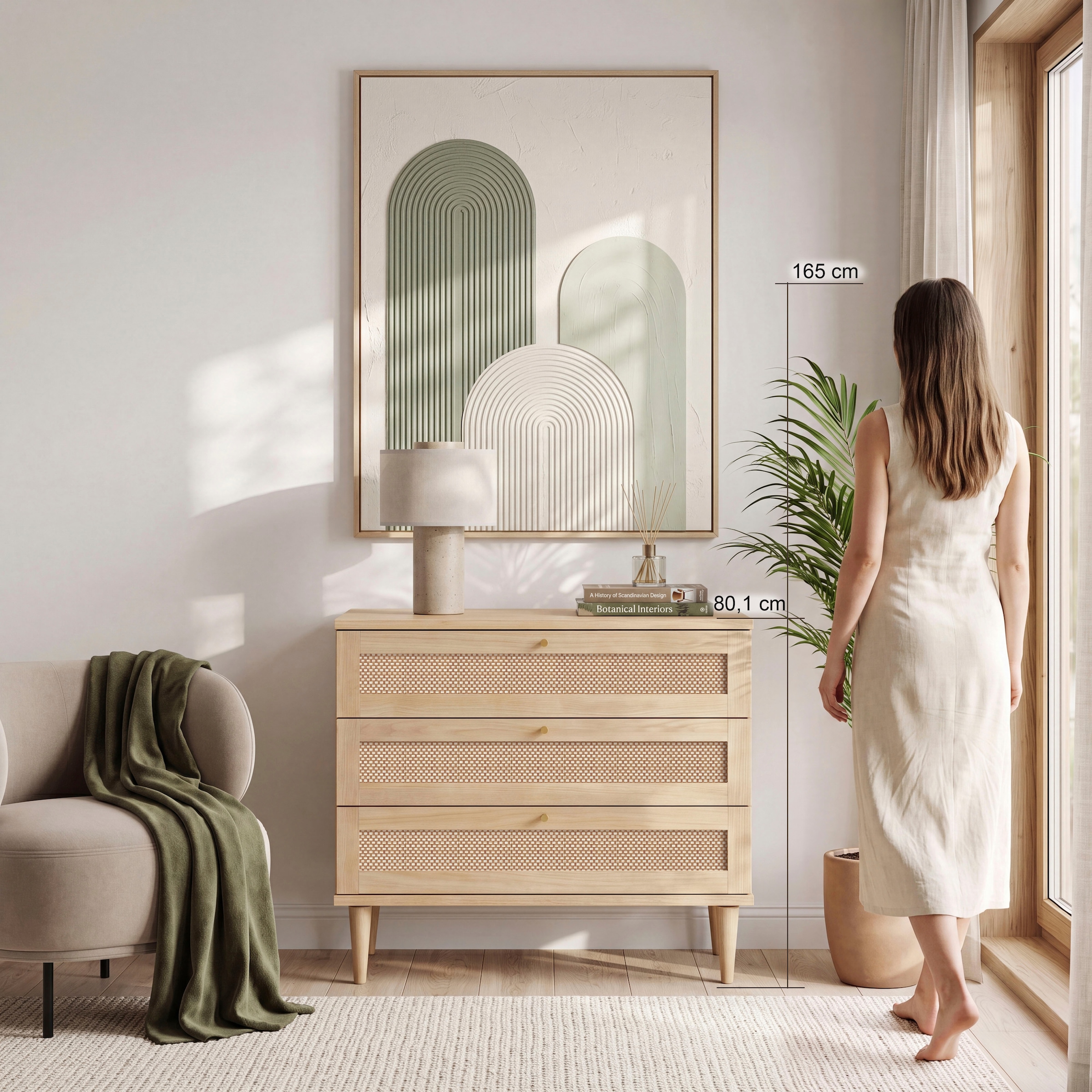 OTTO home Kommode »ELLIAN mit Geflechtoptik warmes Holzdekor, 3 Schubkästen« Holzfüße, Metallgriffe, Made in EU, viel Stauraum