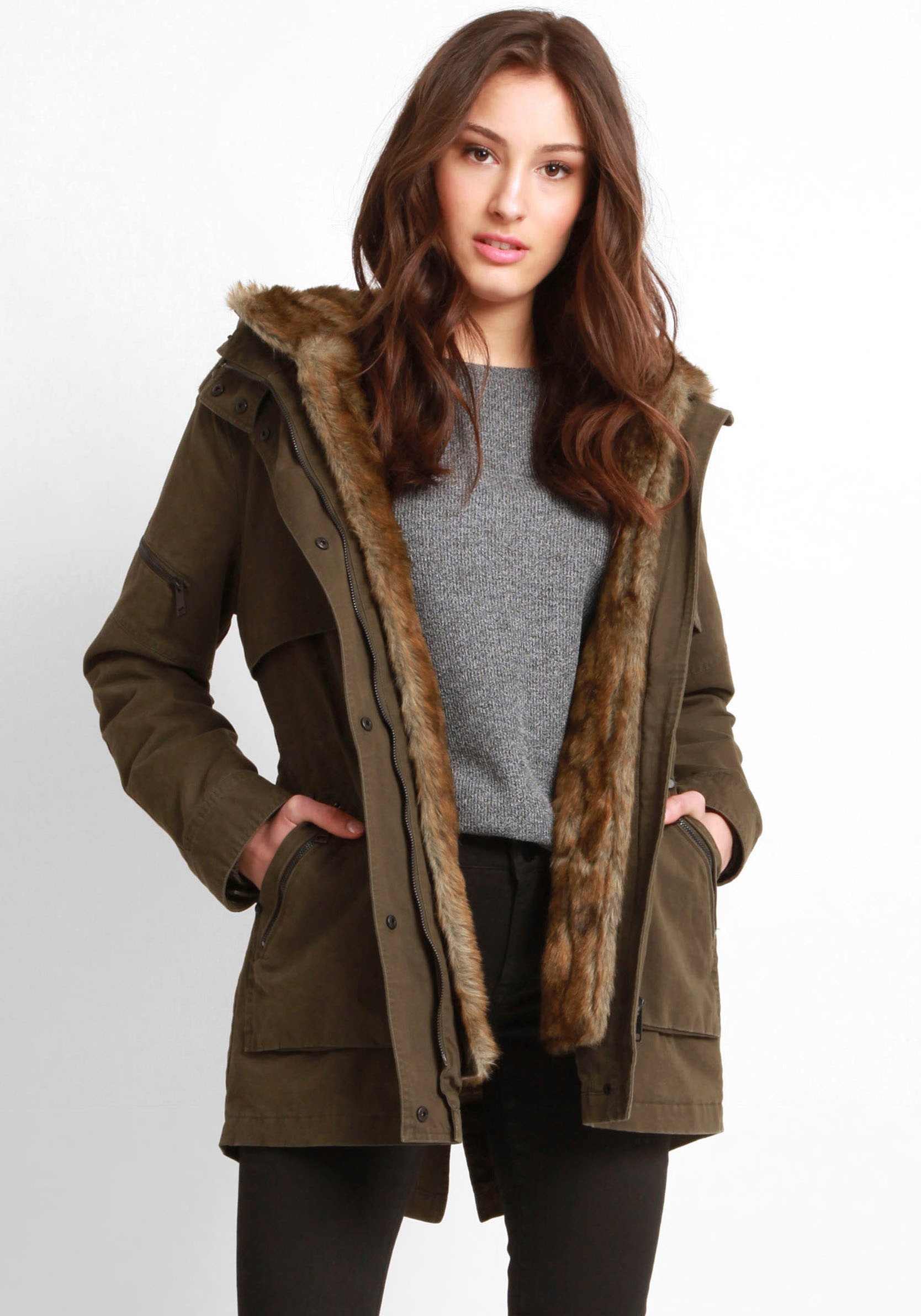 Mavi Parka »HOODED JACKET«, stylischer Damen Winterparka mit Kunstfell-Kapuze